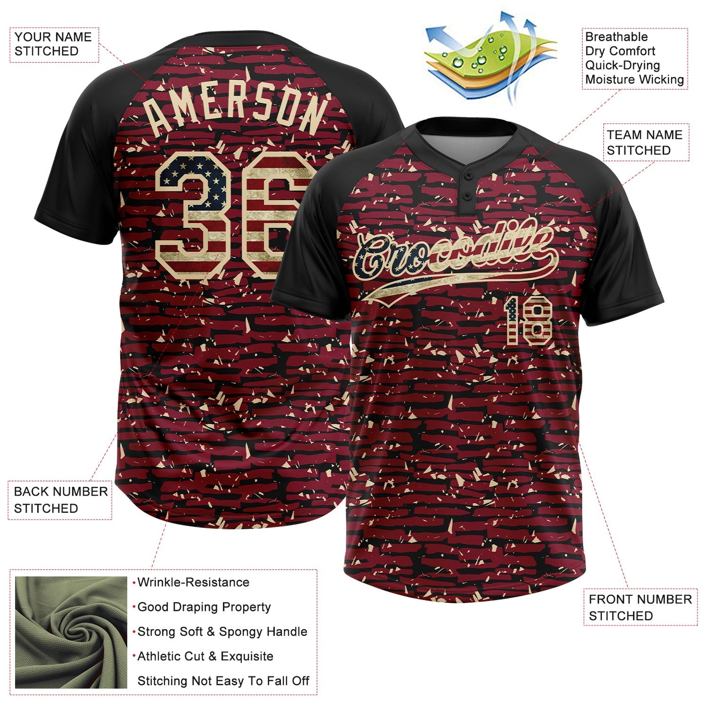 Custom Crimson Vintage USA Flag Black-Cream Raglan Sleeves Distressed Fragment Brush Stroke Two-Button Unisex Softball Jersey view 3