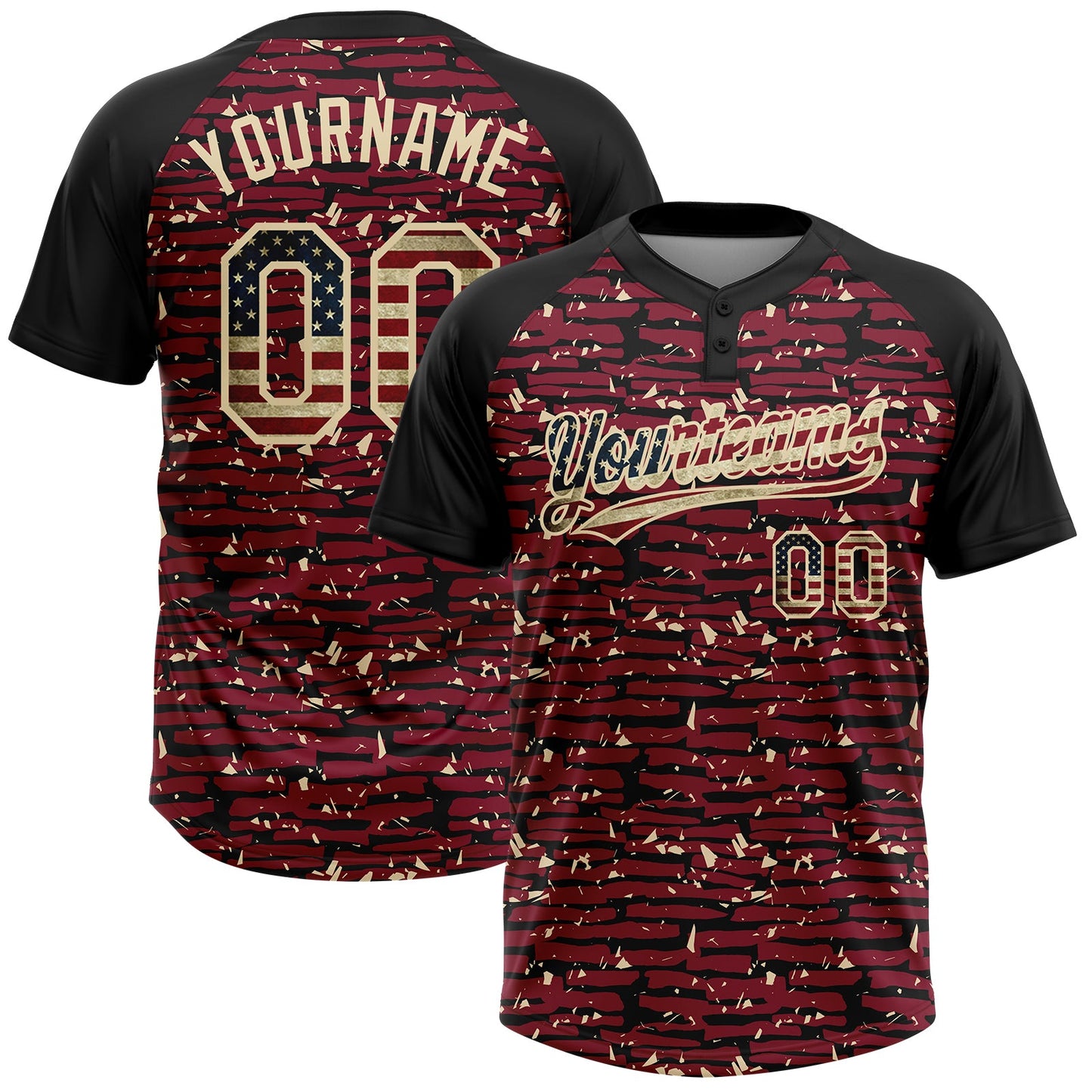 Custom Crimson Vintage USA Flag Black-Cream Raglan Sleeves Distressed Fragment Brush Stroke Two-Button Unisex Softball Jersey - Main View