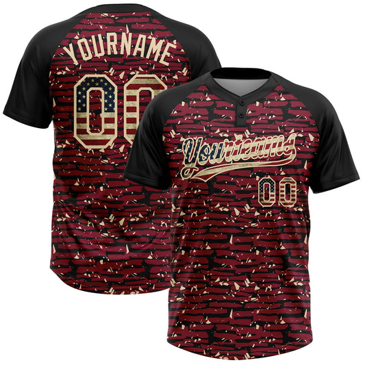 Custom Crimson Vintage USA Flag Black-Cream Raglan Sleeves Distressed Fragment Brush Stroke Two-Button Unisex Softball Jersey - Main View