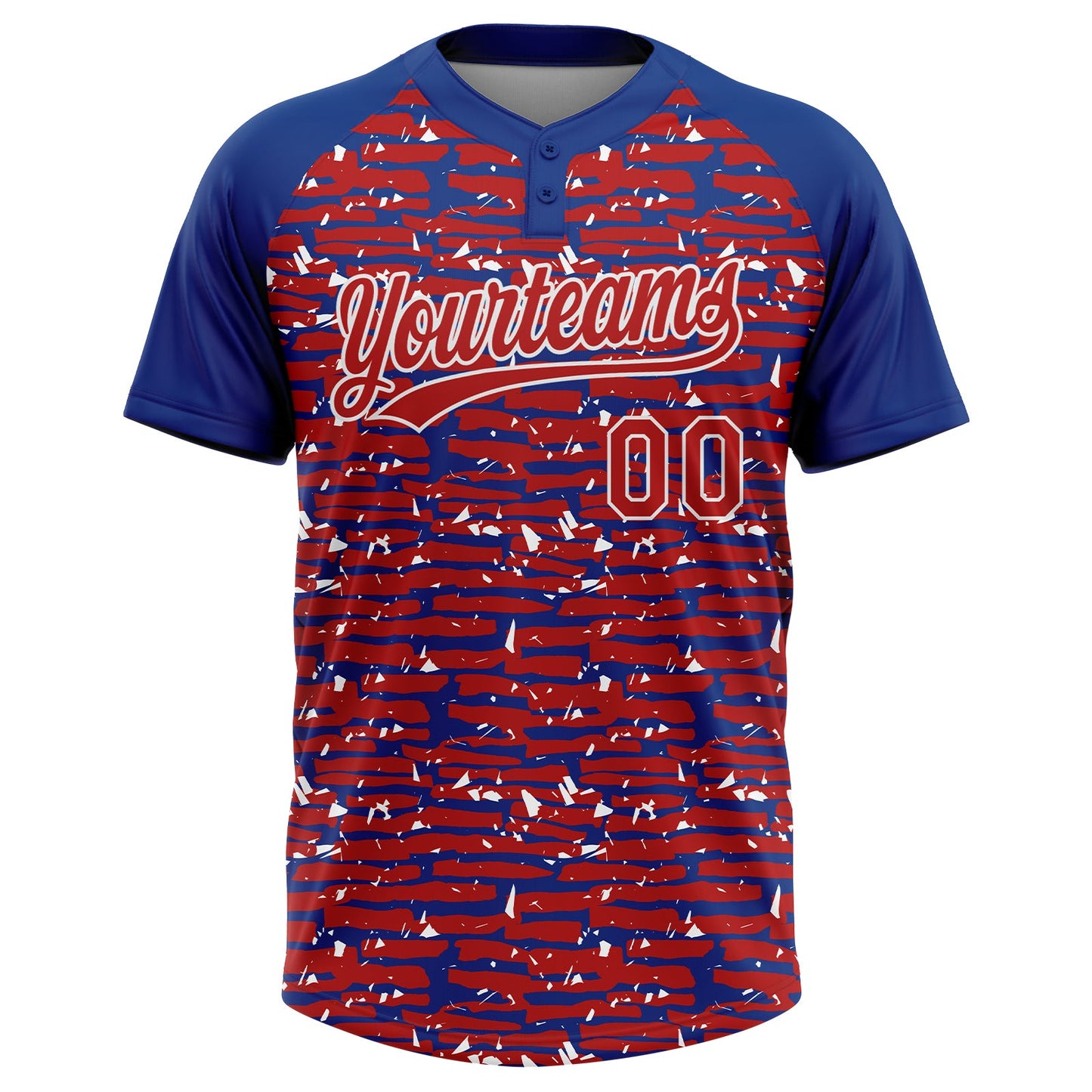 Custom Red Royal-White Raglan Sleeves Distressed Fragment Brush Stroke Two-Button Unisex Softball Jersey view 2