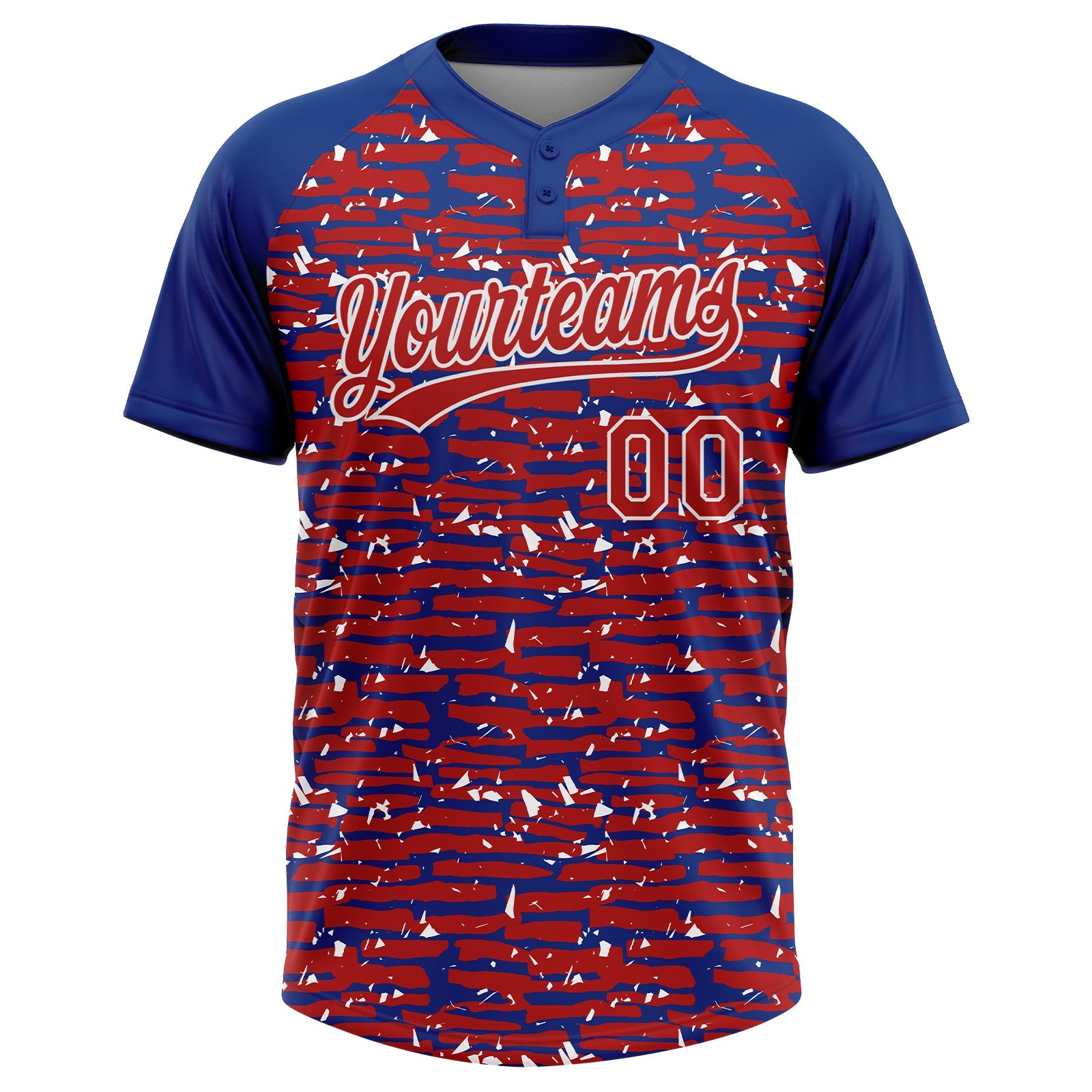 Custom Red Royal-White Raglan Sleeves Distressed Fragment Brush Stroke Two-Button Unisex Softball Jersey view 2