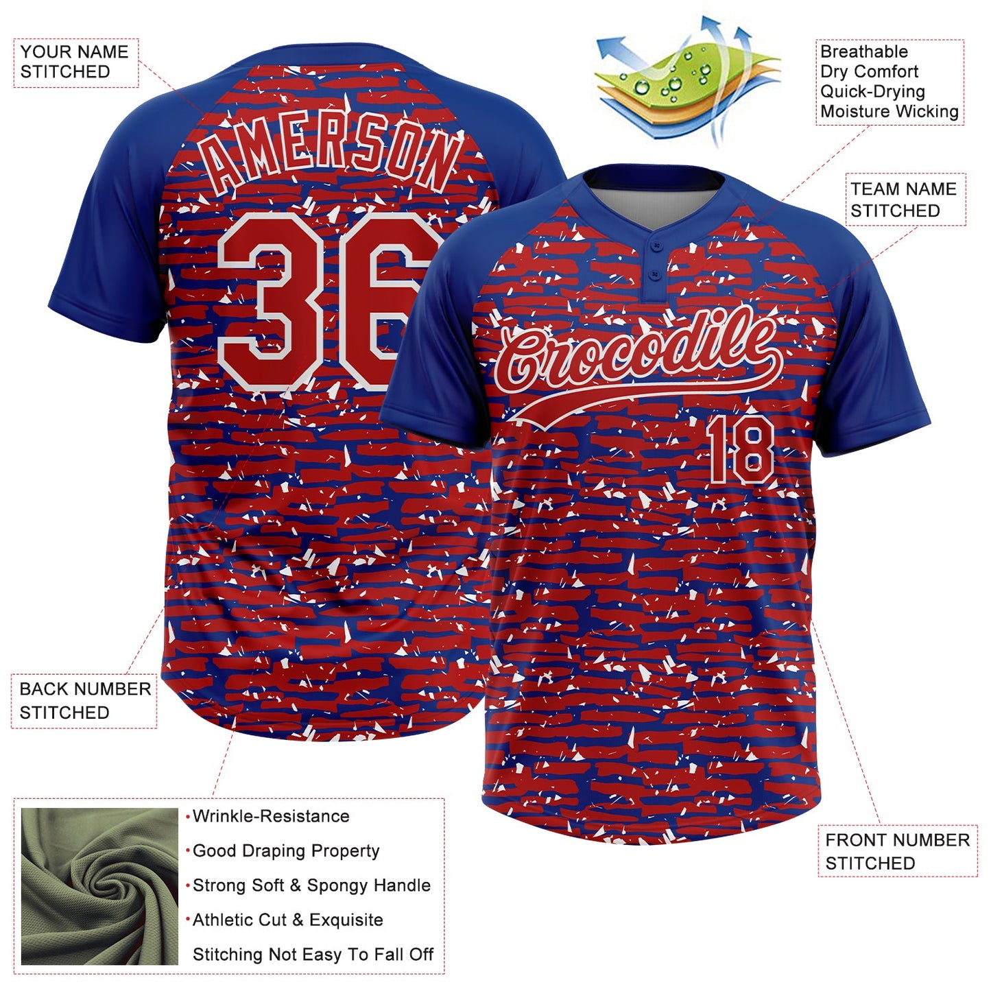 Custom Red Royal-White Raglan Sleeves Distressed Fragment Brush Stroke Two-Button Unisex Softball Jersey view 3