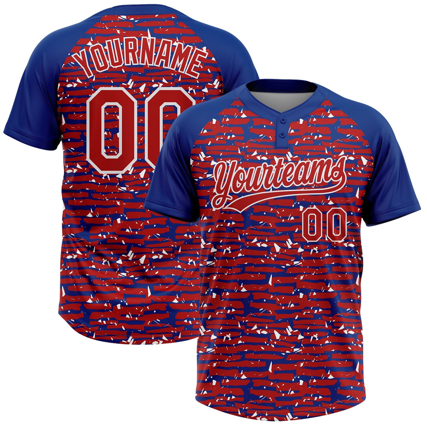 Custom Red Royal-White Raglan Sleeves Distressed Fragment Brush Stroke Two-Button Unisex Softball Jersey - Main View