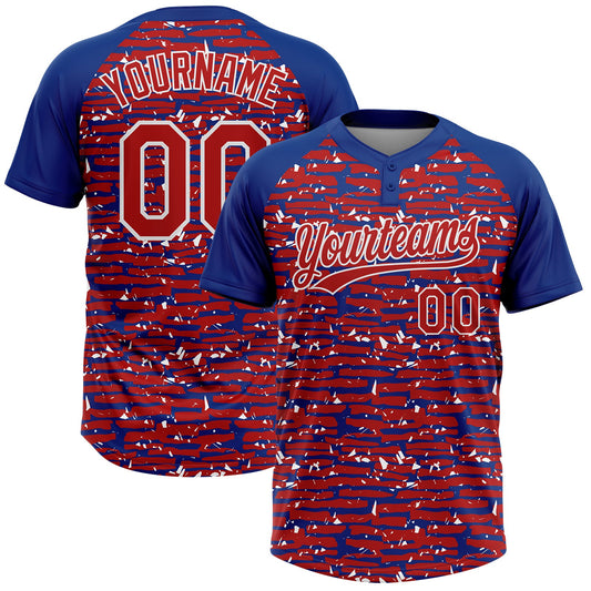Custom Red Royal-White Raglan Sleeves Distressed Fragment Brush Stroke Two-Button Unisex Softball Jersey - Main View
