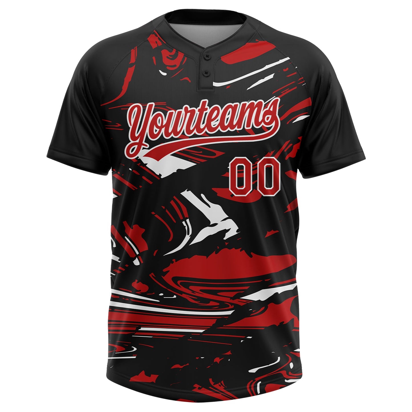Custom Black Red-White Raglan Sleeves Abstract Fluid Marble Two-Button Unisex Softball Jersey view 2