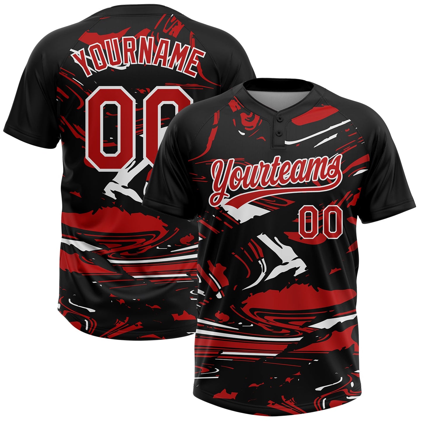 Custom Black Red-White Raglan Sleeves Abstract Fluid Marble Two-Button Unisex Softball Jersey - Main View