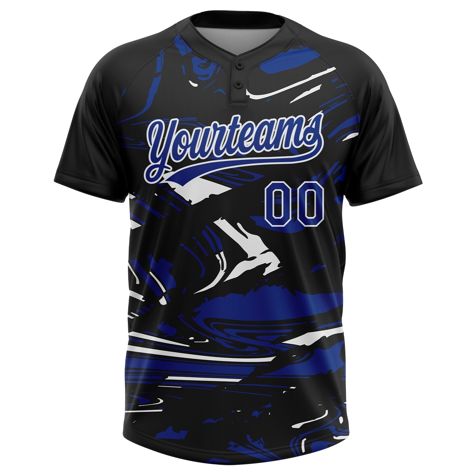 Custom Black Royal-White Raglan Sleeves Abstract Fluid Marble Two-Button Unisex Softball Jersey view 2