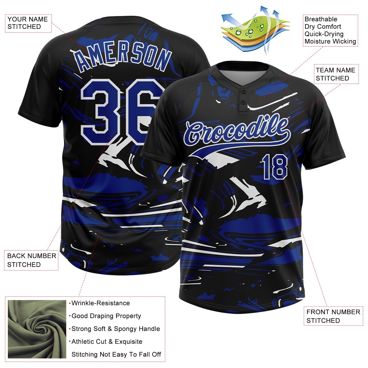 Custom Black Royal-White Raglan Sleeves Abstract Fluid Marble Two-Button Unisex Softball Jersey view 3