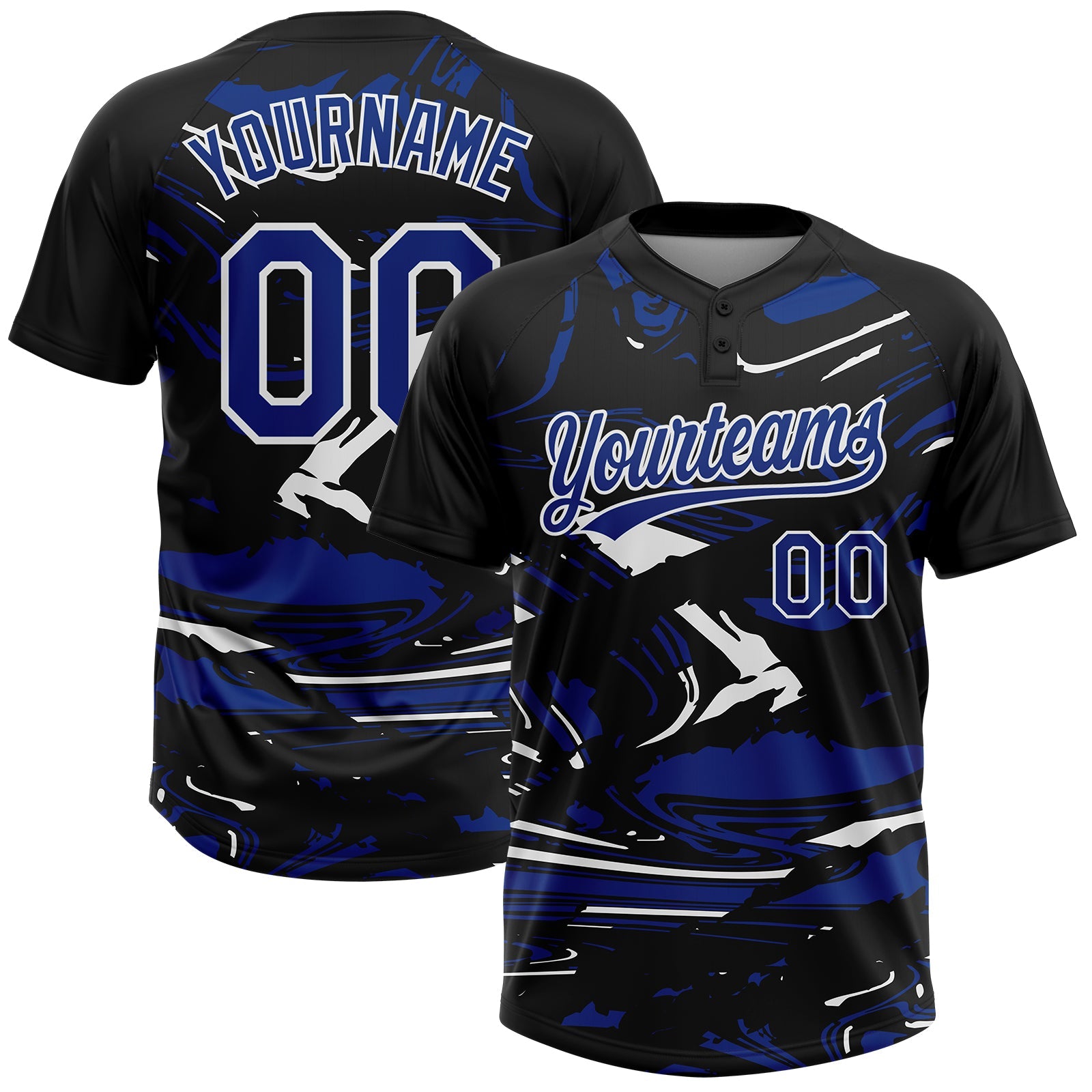 Custom Black Royal-White Raglan Sleeves Abstract Fluid Marble Two-Button Unisex Softball Jersey - Main View