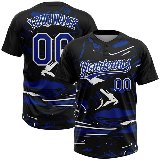 Custom Black Royal-White Raglan Sleeves Abstract Fluid Marble Two-Button Unisex Softball Jersey - Main View