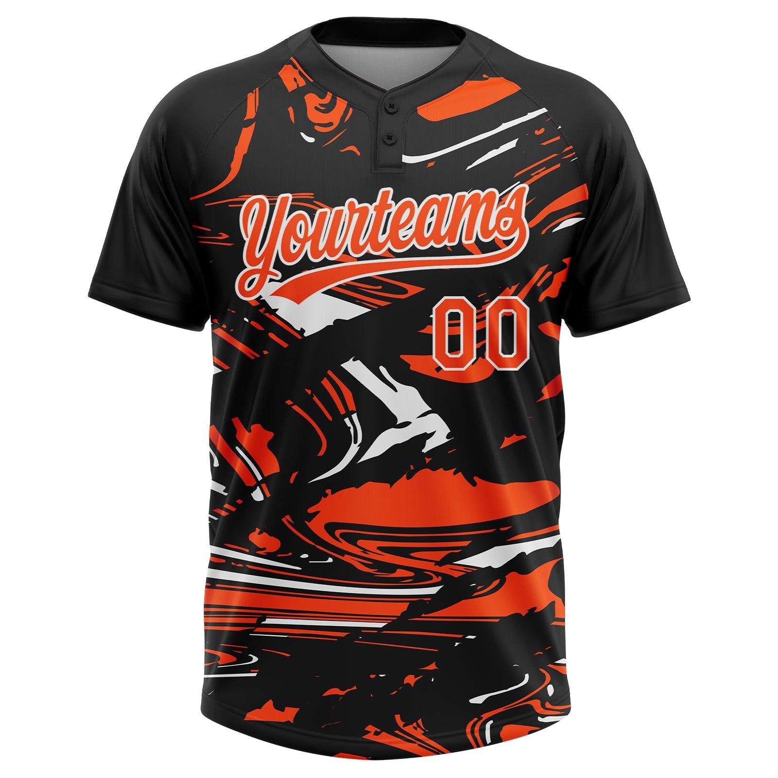 Custom Black Orange-White Raglan Sleeves Abstract Fluid Marble Two-Button Unisex Softball Jersey view 2