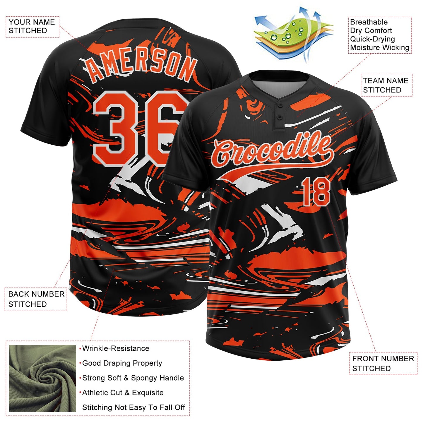 Custom Black Orange-White Raglan Sleeves Abstract Fluid Marble Two-Button Unisex Softball Jersey view 3