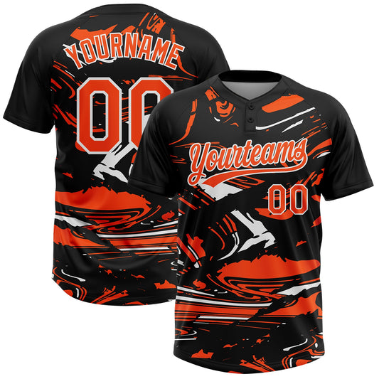 Custom Black Orange-White Raglan Sleeves Abstract Fluid Marble Two-Button Unisex Softball Jersey - Main View