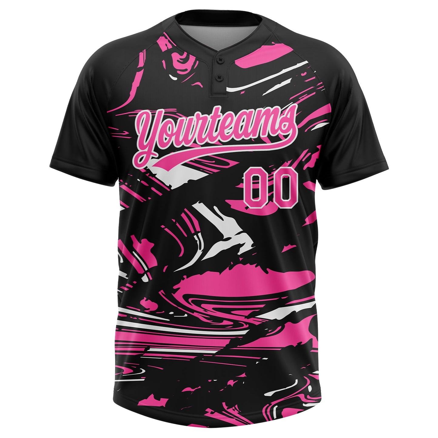 Custom Black Pink-White Raglan Sleeves Abstract Fluid Marble Two-Button Unisex Softball Jersey view 2