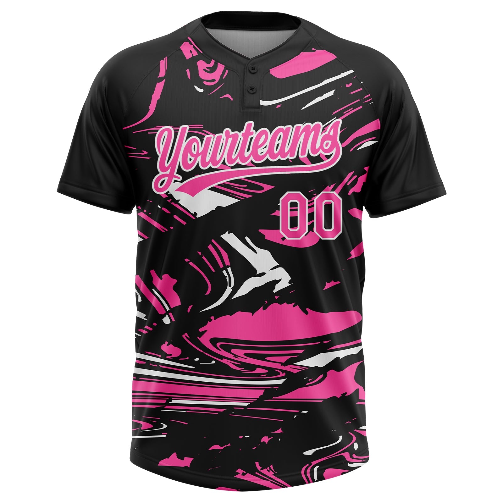 Custom Black Pink-White Raglan Sleeves Abstract Fluid Marble Two-Button Unisex Softball Jersey view 2