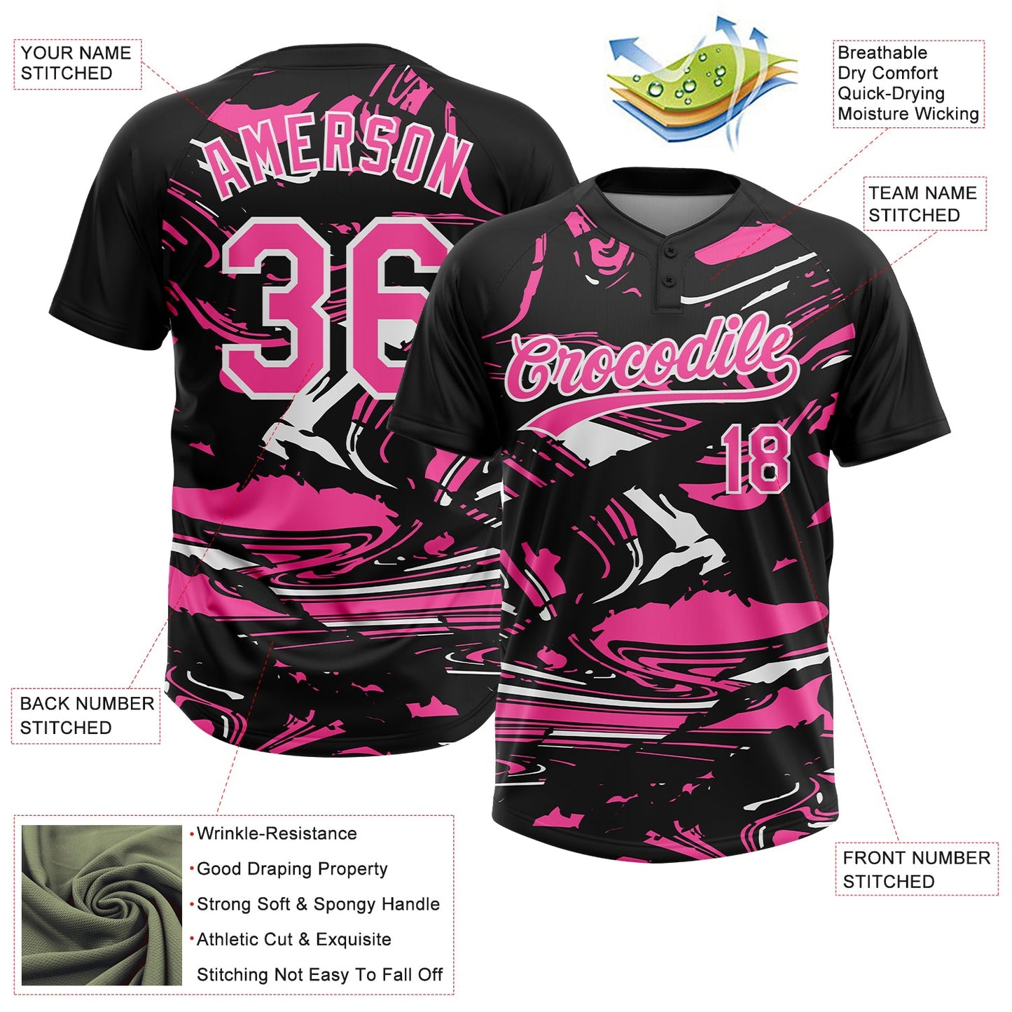 Custom Black Pink-White Raglan Sleeves Abstract Fluid Marble Two-Button Unisex Softball Jersey view 3