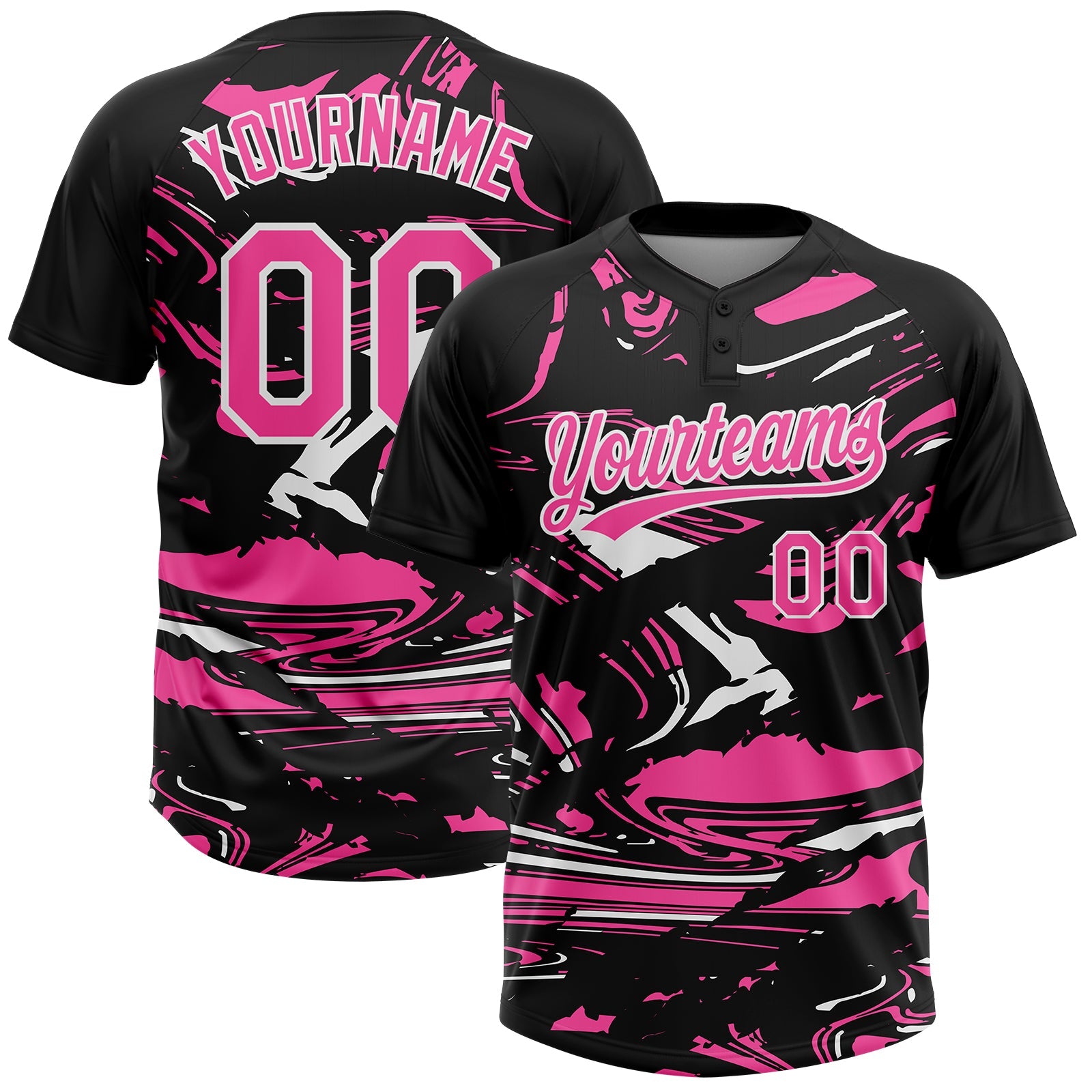 Custom Black Pink-White Raglan Sleeves Abstract Fluid Marble Two-Button Unisex Softball Jersey - Main View