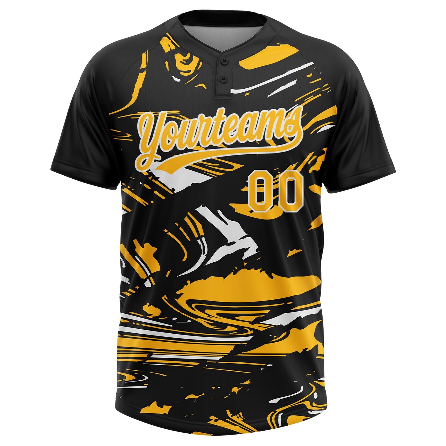 Custom Black Gold-White Raglan Sleeves Abstract Fluid Marble Two-Button Unisex Softball Jersey view 2