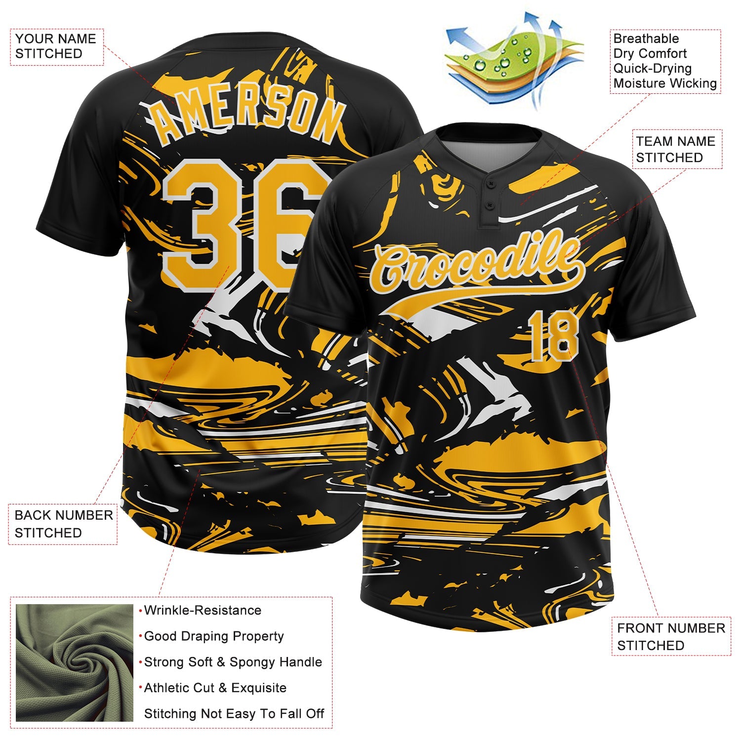 Custom Black Gold-White Raglan Sleeves Abstract Fluid Marble Two-Button Unisex Softball Jersey view 3