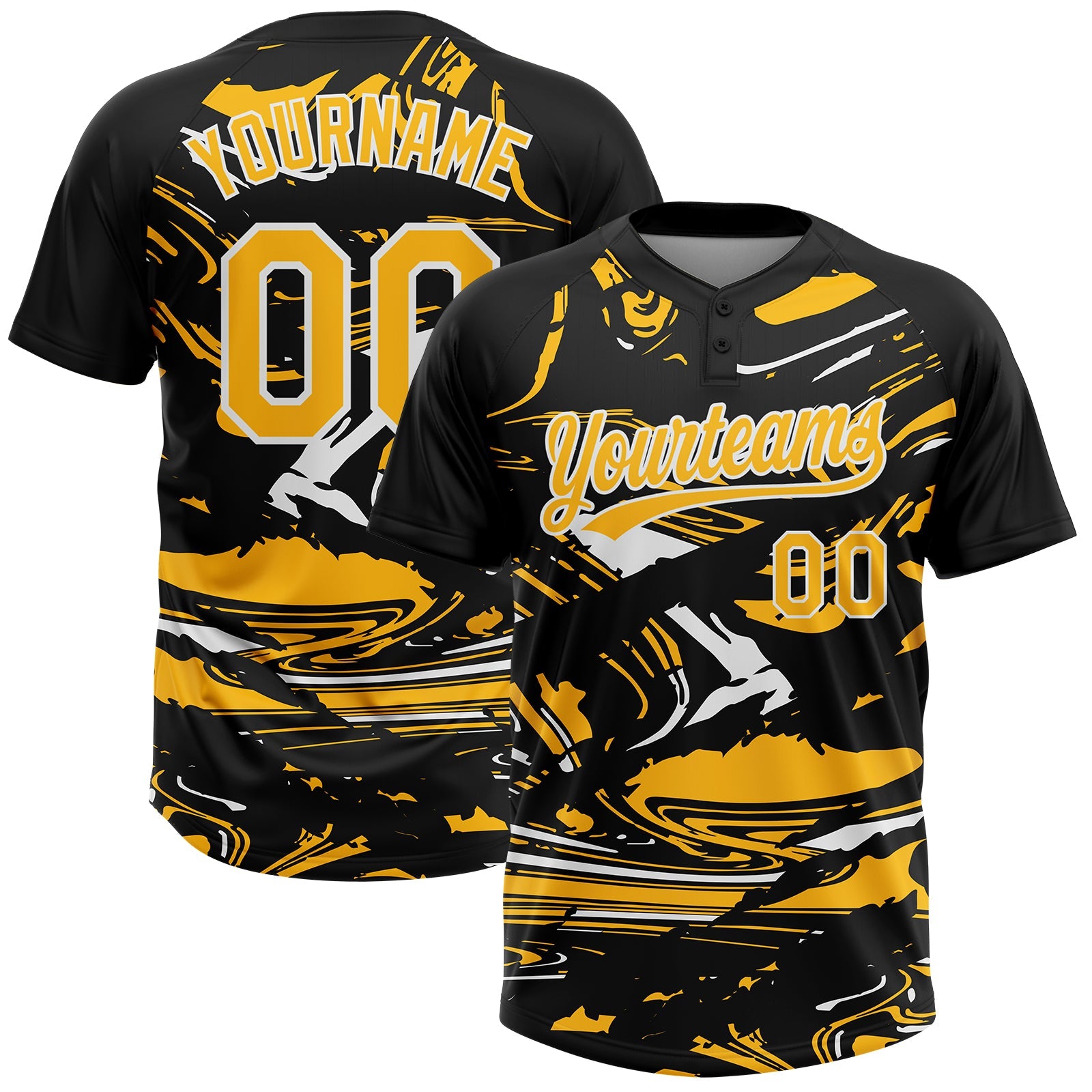 Custom Black Gold-White Raglan Sleeves Abstract Fluid Marble Two-Button Unisex Softball Jersey - Main View