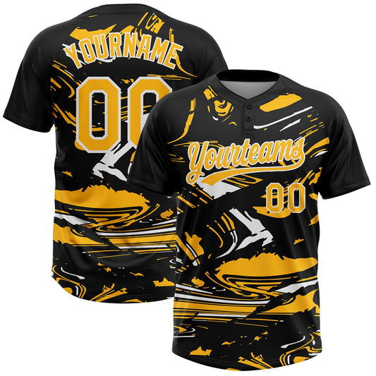 Custom Black Gold-White Raglan Sleeves Abstract Fluid Marble Two-Button Unisex Softball Jersey - Main View