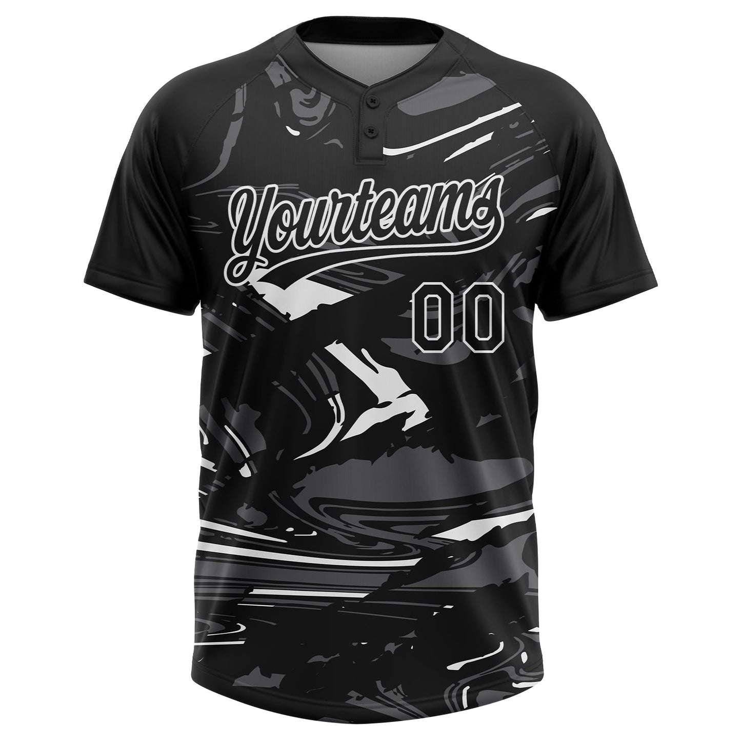 Custom Black Steel Gray-White Raglan Sleeves Abstract Fluid Marble Two-Button Unisex Softball Jersey view 2