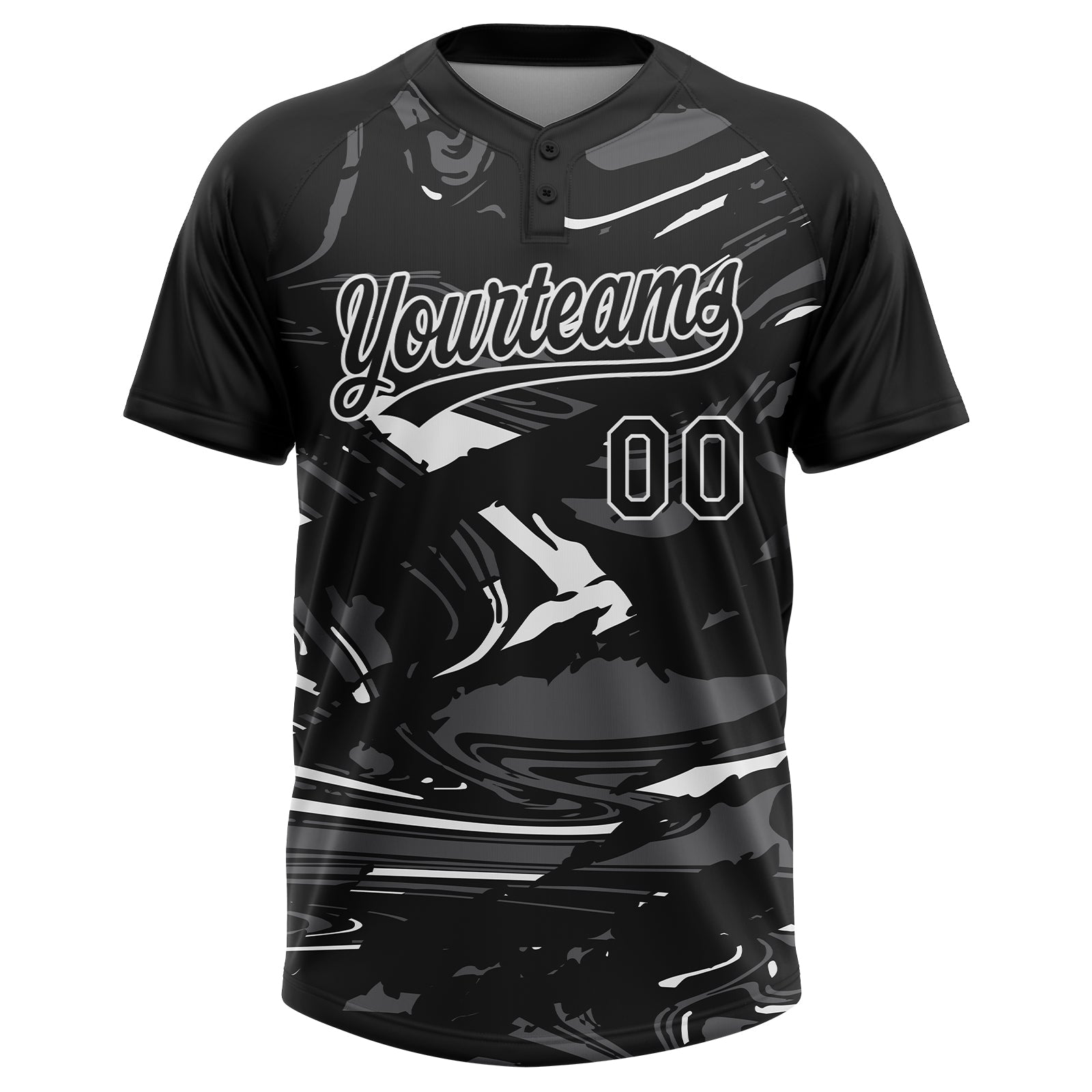 Custom Black Steel Gray-White Raglan Sleeves Abstract Fluid Marble Two-Button Unisex Softball Jersey view 2