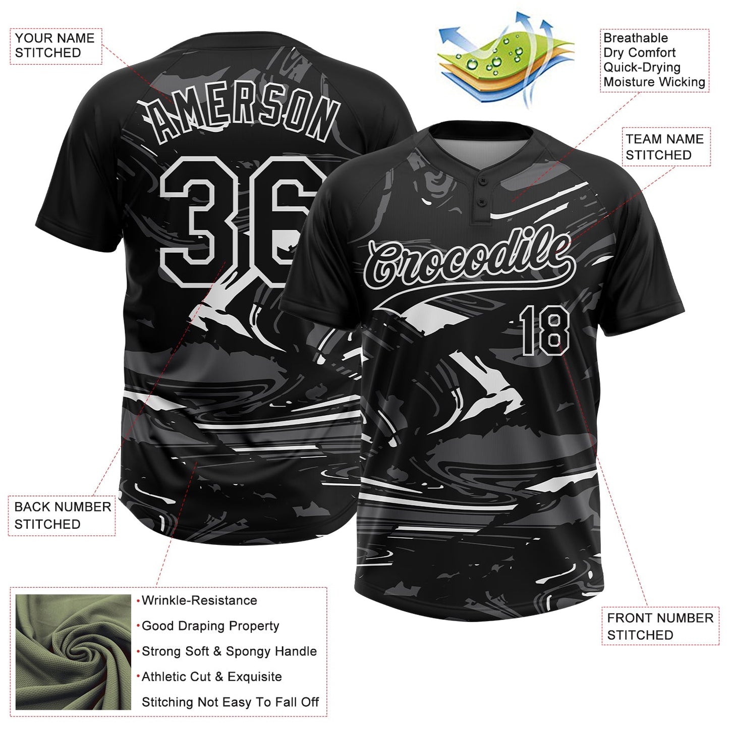Custom Black Steel Gray-White Raglan Sleeves Abstract Fluid Marble Two-Button Unisex Softball Jersey view 3