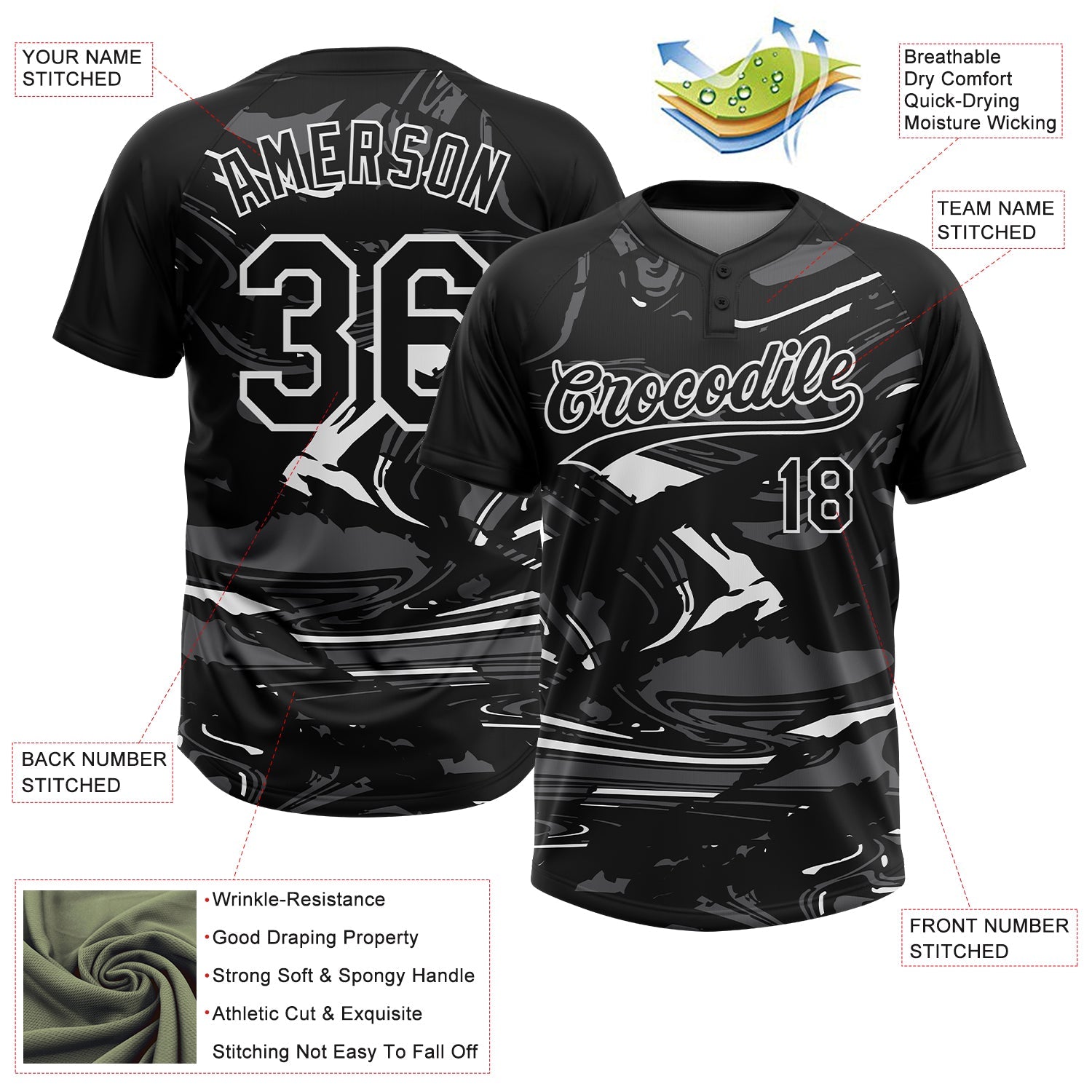 Custom Black Steel Gray-White Raglan Sleeves Abstract Fluid Marble Two-Button Unisex Softball Jersey view 3