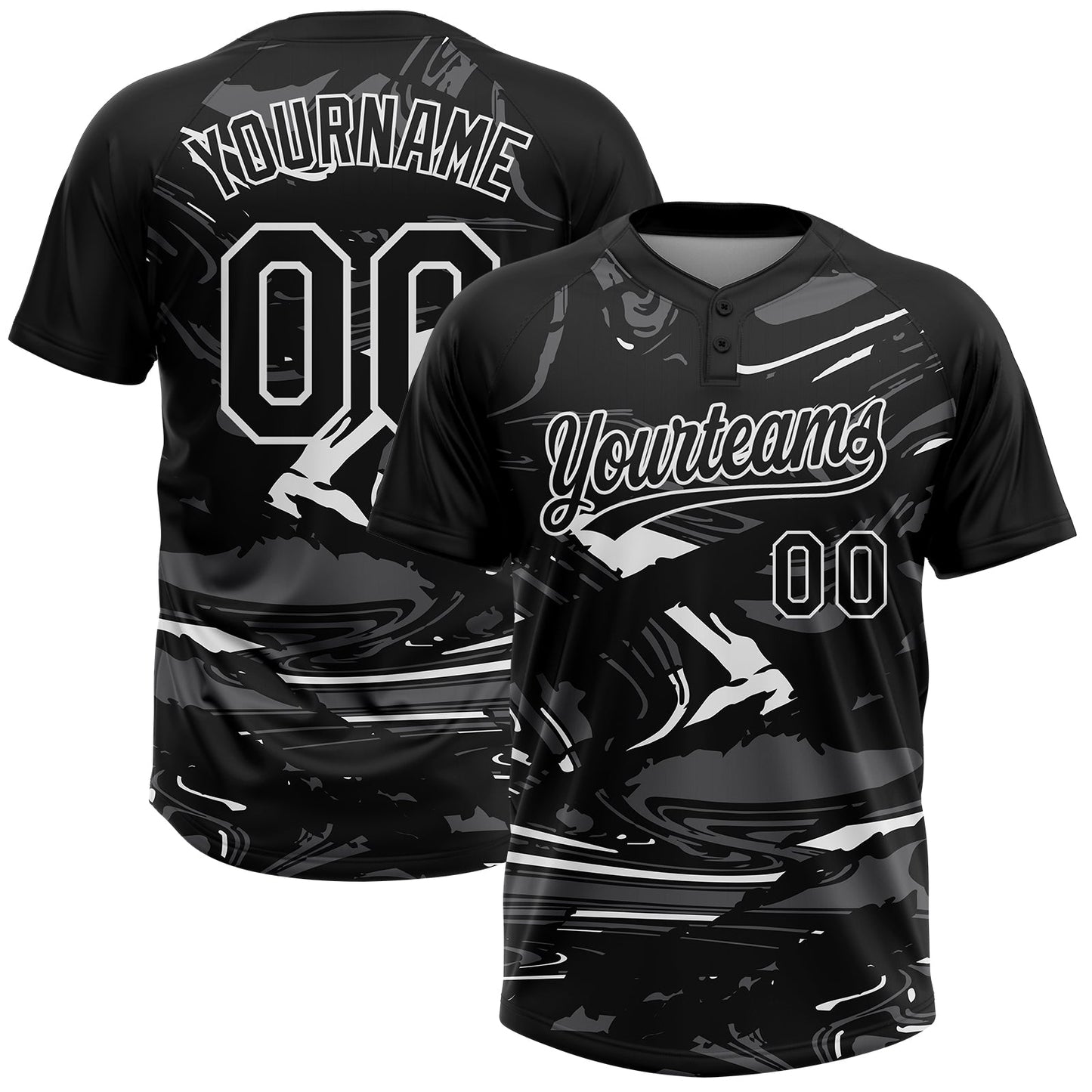 Custom Black Steel Gray-White Raglan Sleeves Abstract Fluid Marble Two-Button Unisex Softball Jersey - Main View