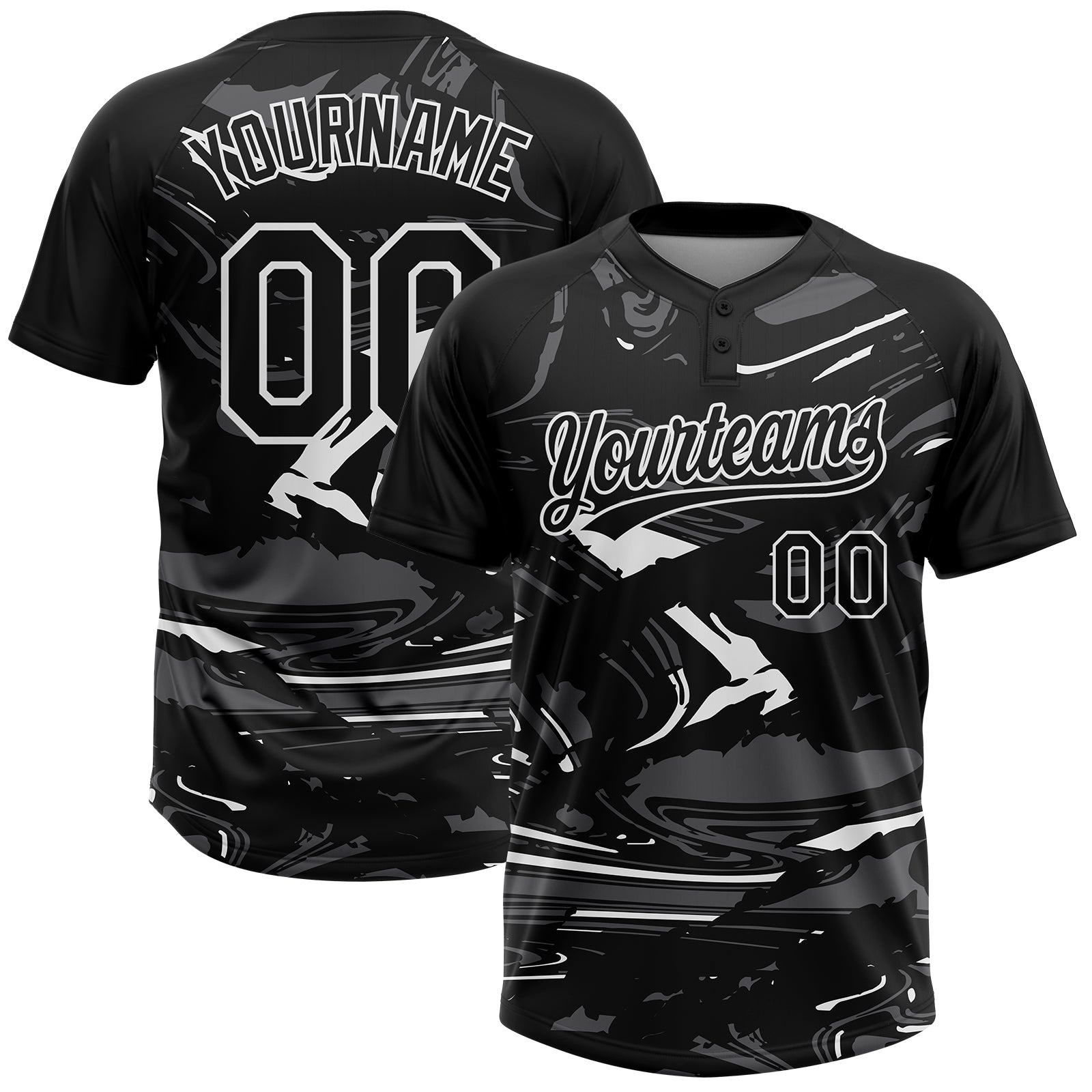 Custom Black Steel Gray-White Raglan Sleeves Abstract Fluid Marble Two-Button Unisex Softball Jersey - Main View