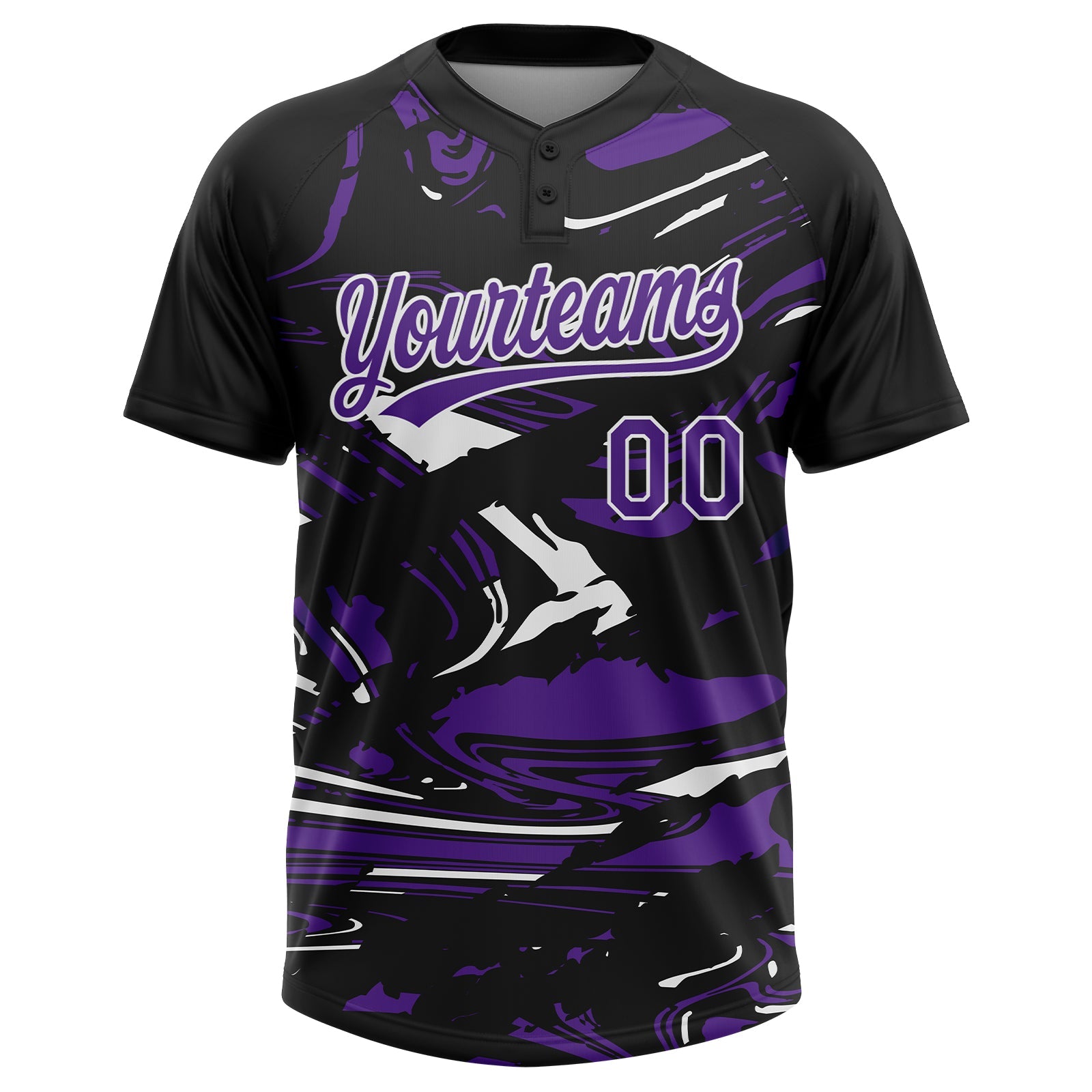 Custom Black Purple-White Raglan Sleeves Abstract Fluid Marble Two-Button Unisex Softball Jersey view 2