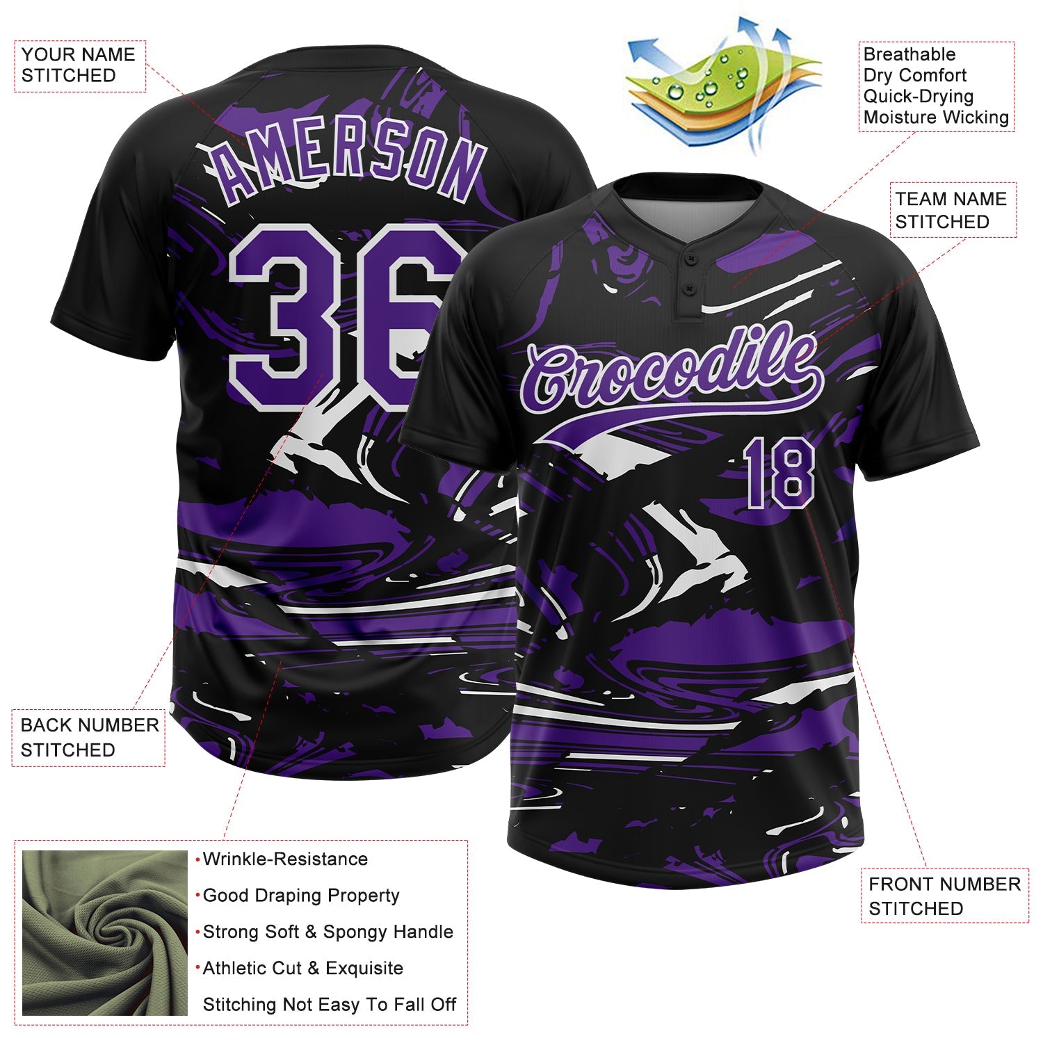 Custom Black Purple-White Raglan Sleeves Abstract Fluid Marble Two-Button Unisex Softball Jersey view 3