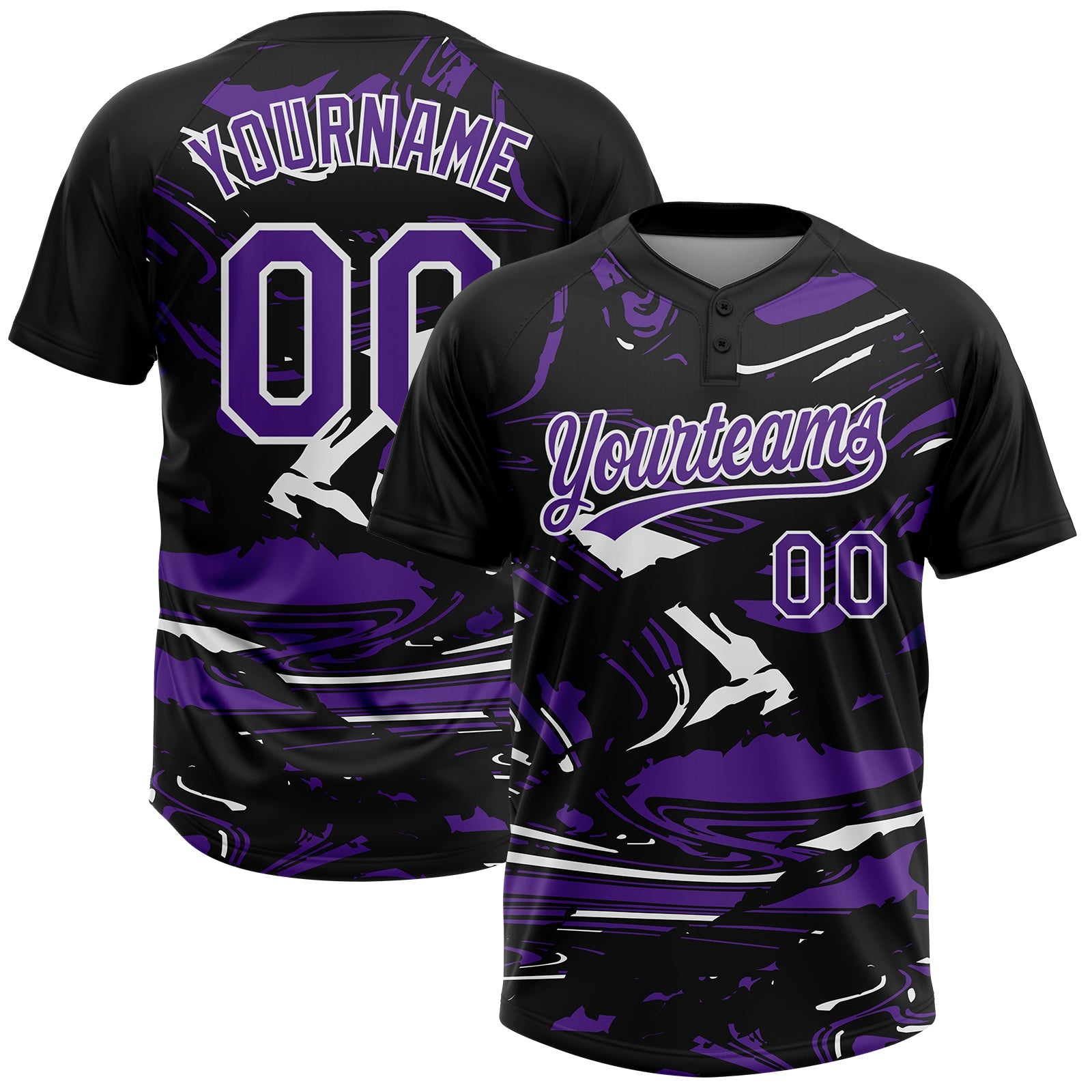 Custom Black Purple-White Raglan Sleeves Abstract Fluid Marble Two-Button Unisex Softball Jersey - Main View