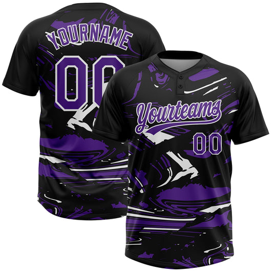 Custom Black Purple-White Raglan Sleeves Abstract Fluid Marble Two-Button Unisex Softball Jersey - Main View