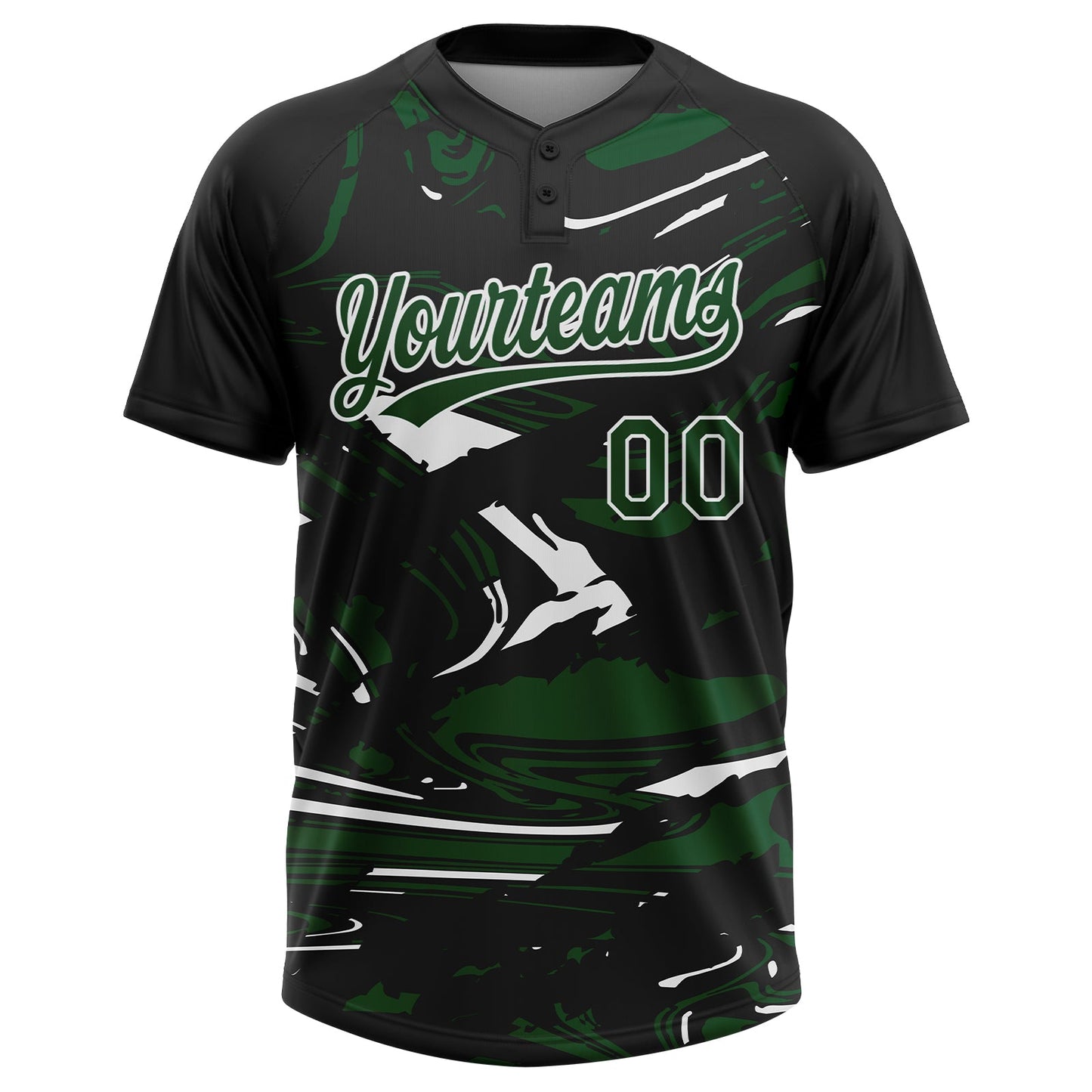 Custom Black Green-White Raglan Sleeves Abstract Fluid Marble Two-Button Unisex Softball Jersey view 2