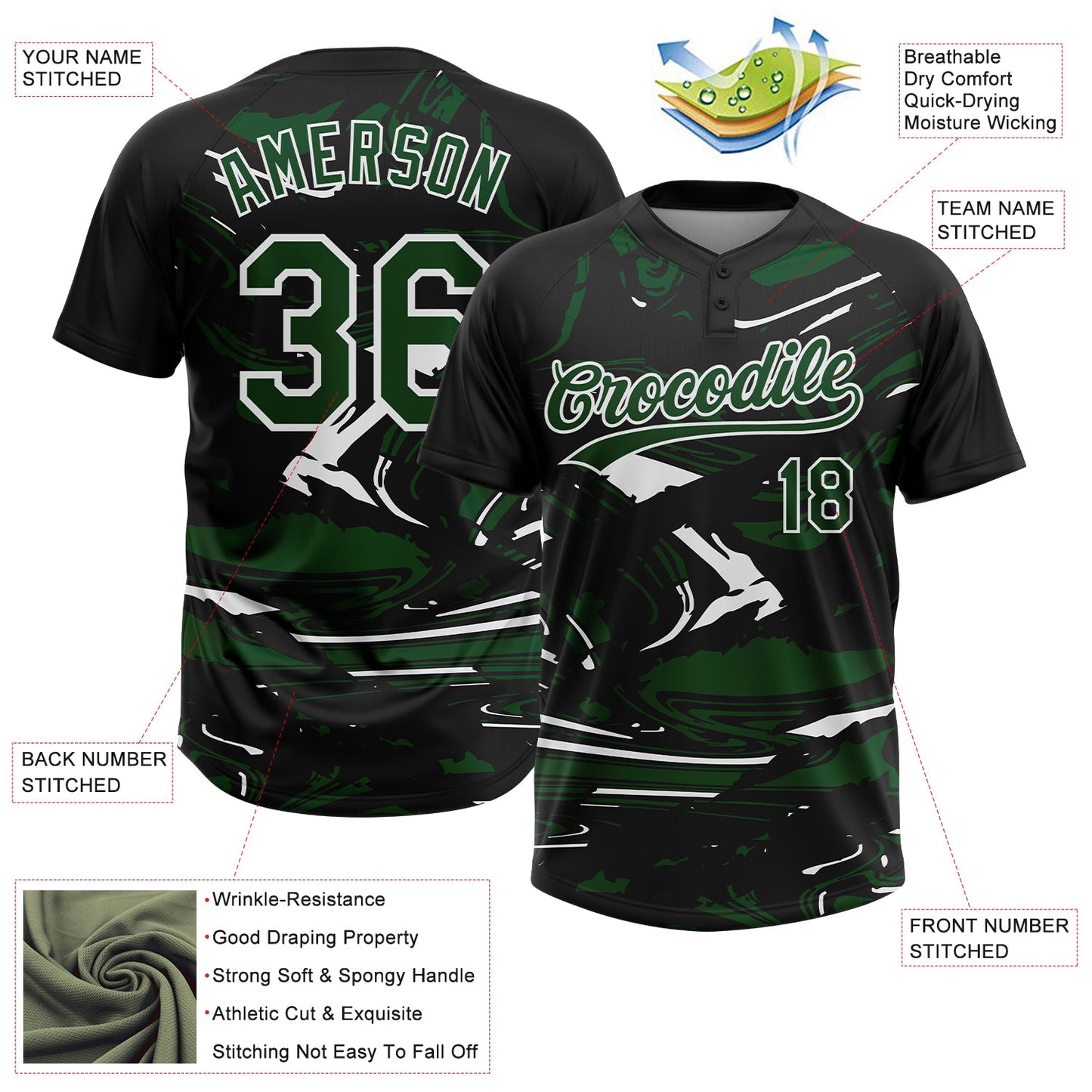 Custom Black Green-White Raglan Sleeves Abstract Fluid Marble Two-Button Unisex Softball Jersey view 3