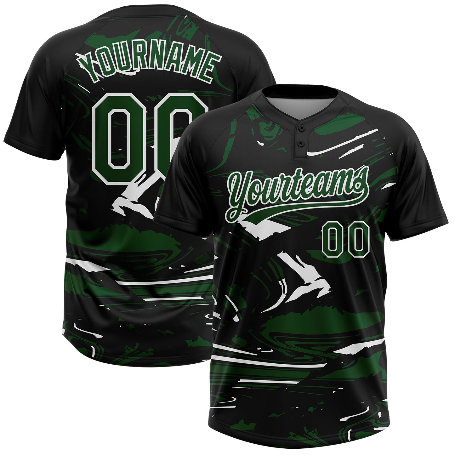 Custom Black Green-White Raglan Sleeves Abstract Fluid Marble Two-Button Unisex Softball Jersey - Main View
