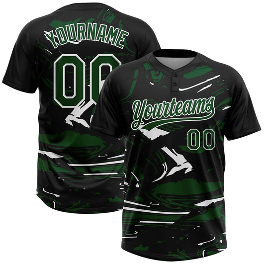 Custom Black Green-White Raglan Sleeves Abstract Fluid Marble Two-Button Unisex Softball Jersey - Main View