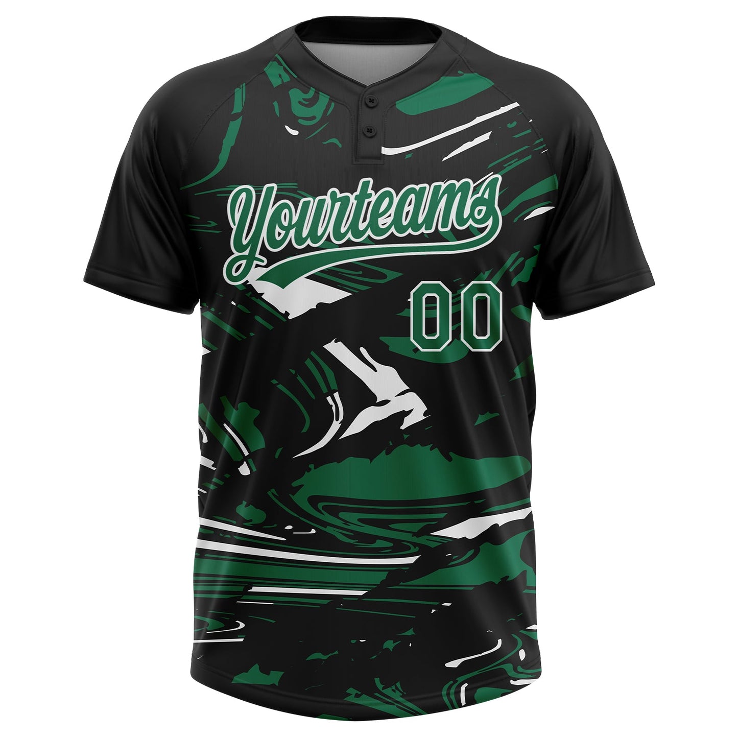 Custom Black Kelly Green-White Raglan Sleeves Abstract Fluid Marble Two-Button Unisex Softball Jersey view 2