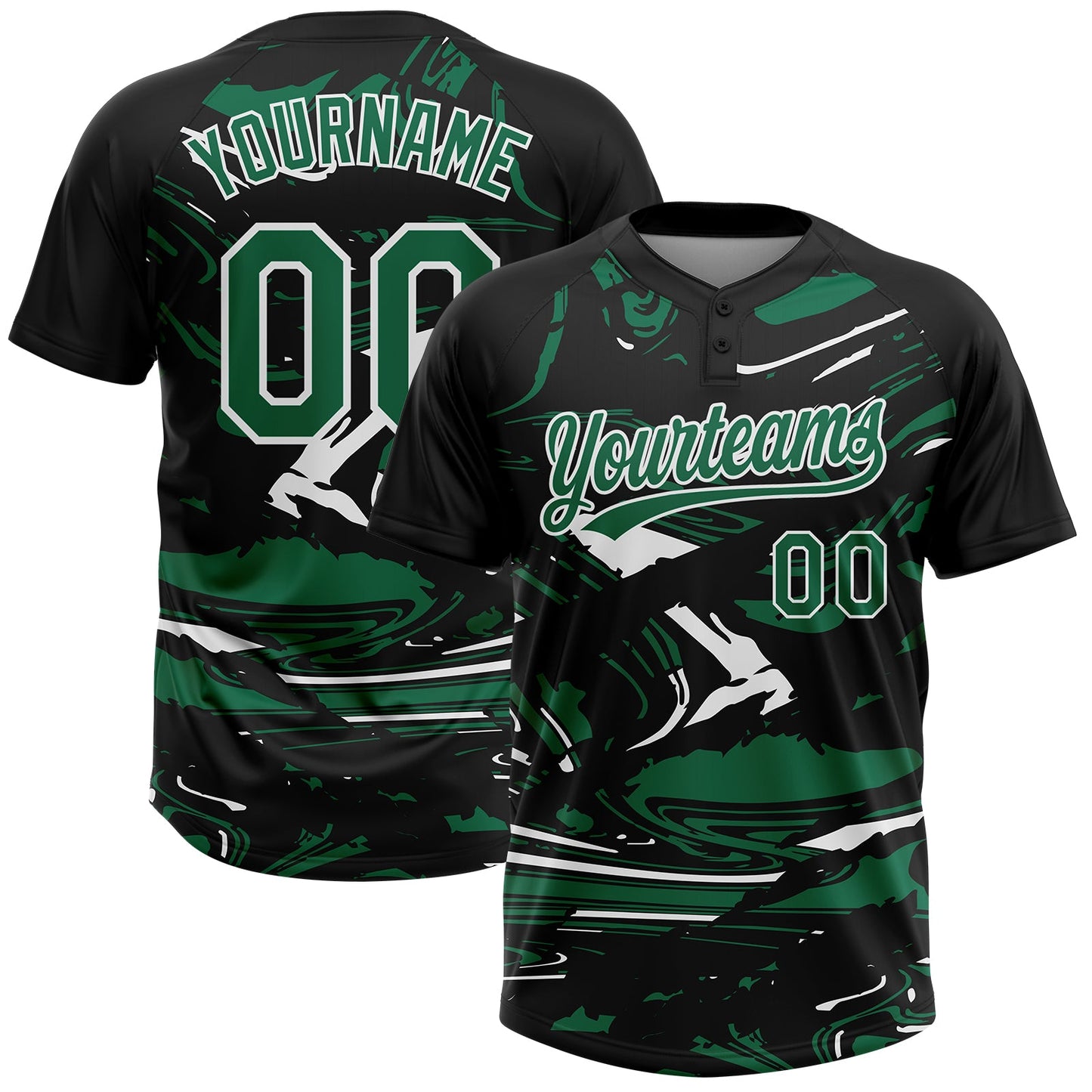 Custom Black Kelly Green-White Raglan Sleeves Abstract Fluid Marble Two-Button Unisex Softball Jersey - Main View
