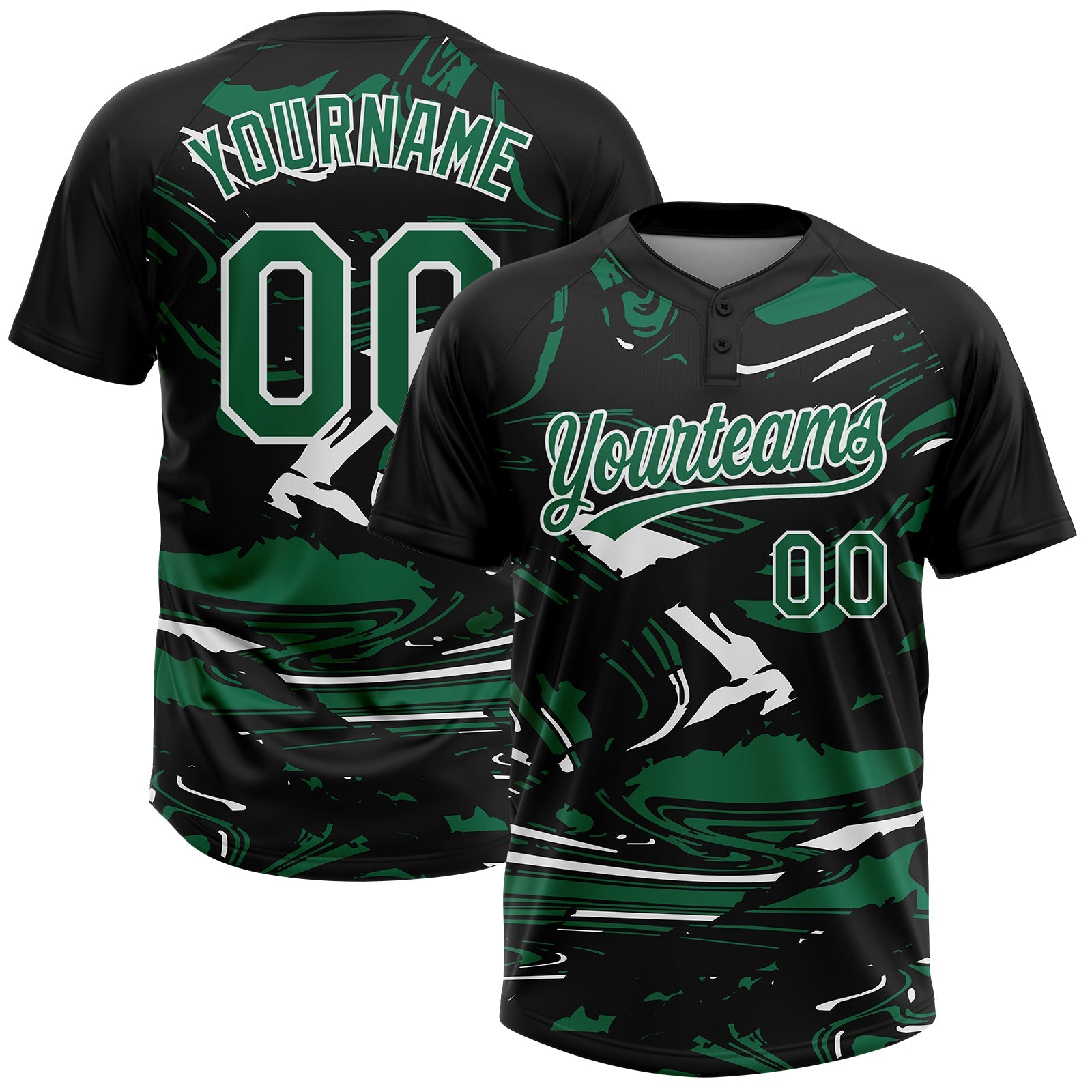 Custom Black Kelly Green-White Raglan Sleeves Abstract Fluid Marble Two-Button Unisex Softball Jersey - Main View