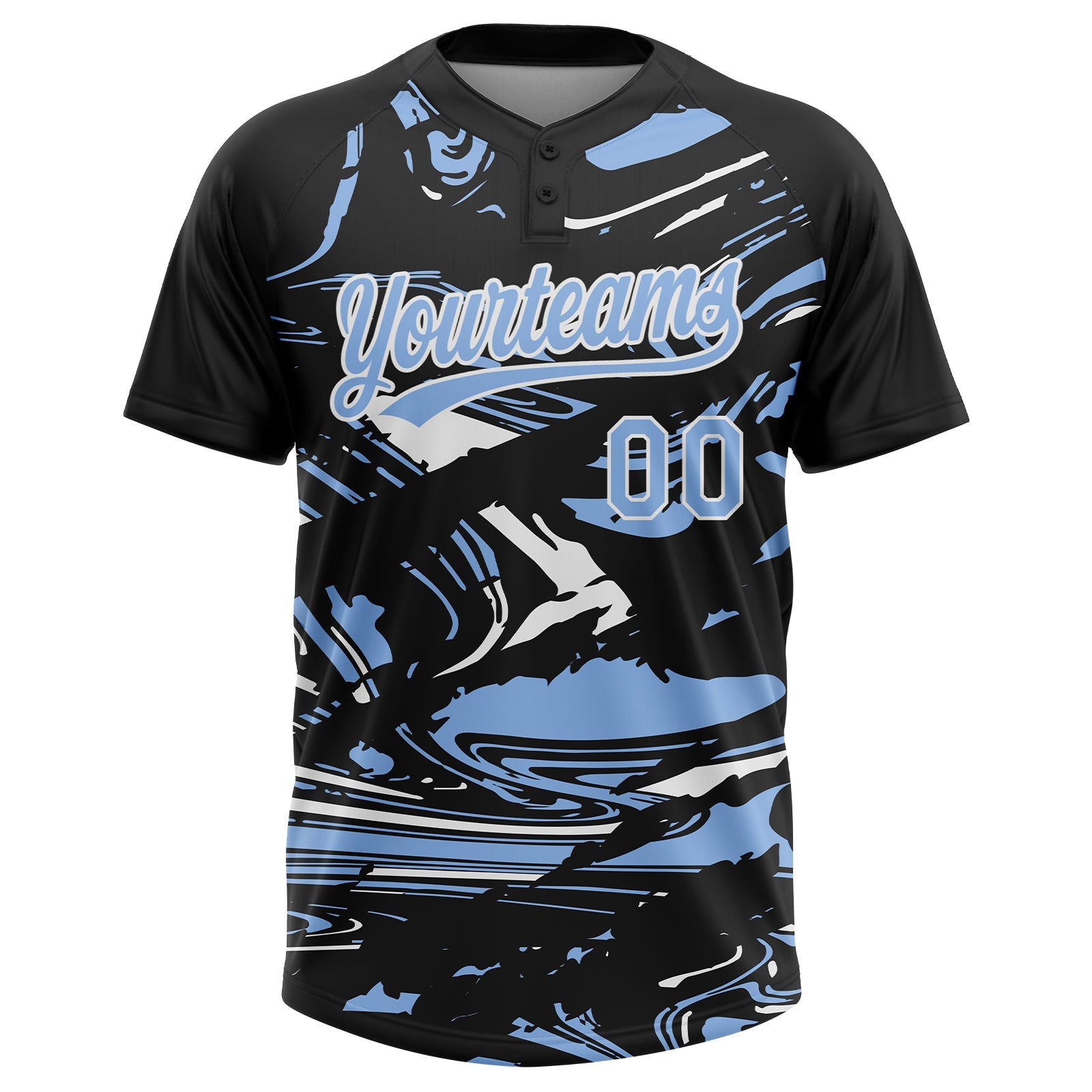 Custom Black Light Blue-White Raglan Sleeves Abstract Fluid Marble Two-Button Unisex Softball Jersey view 2