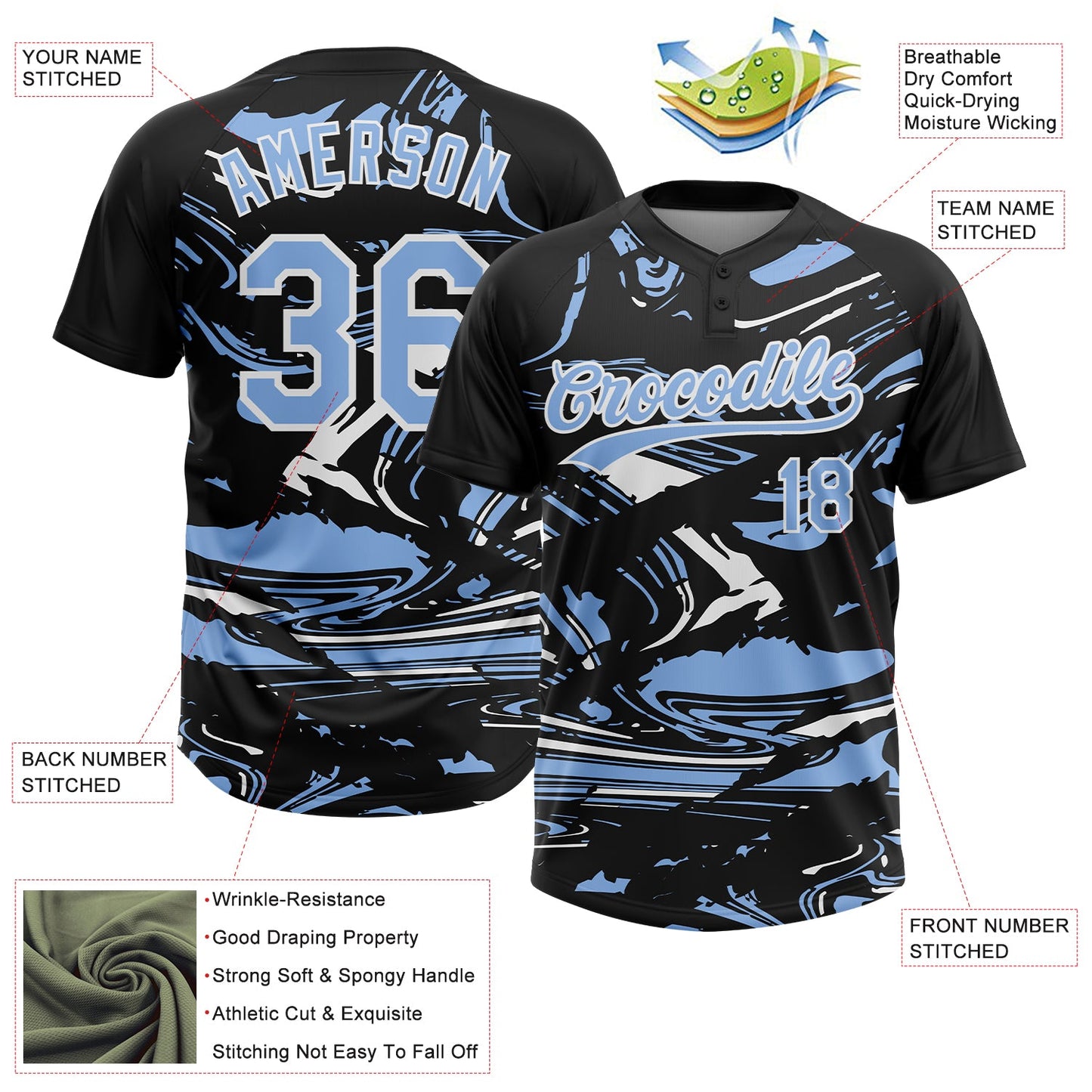 Custom Black Light Blue-White Raglan Sleeves Abstract Fluid Marble Two-Button Unisex Softball Jersey view 3