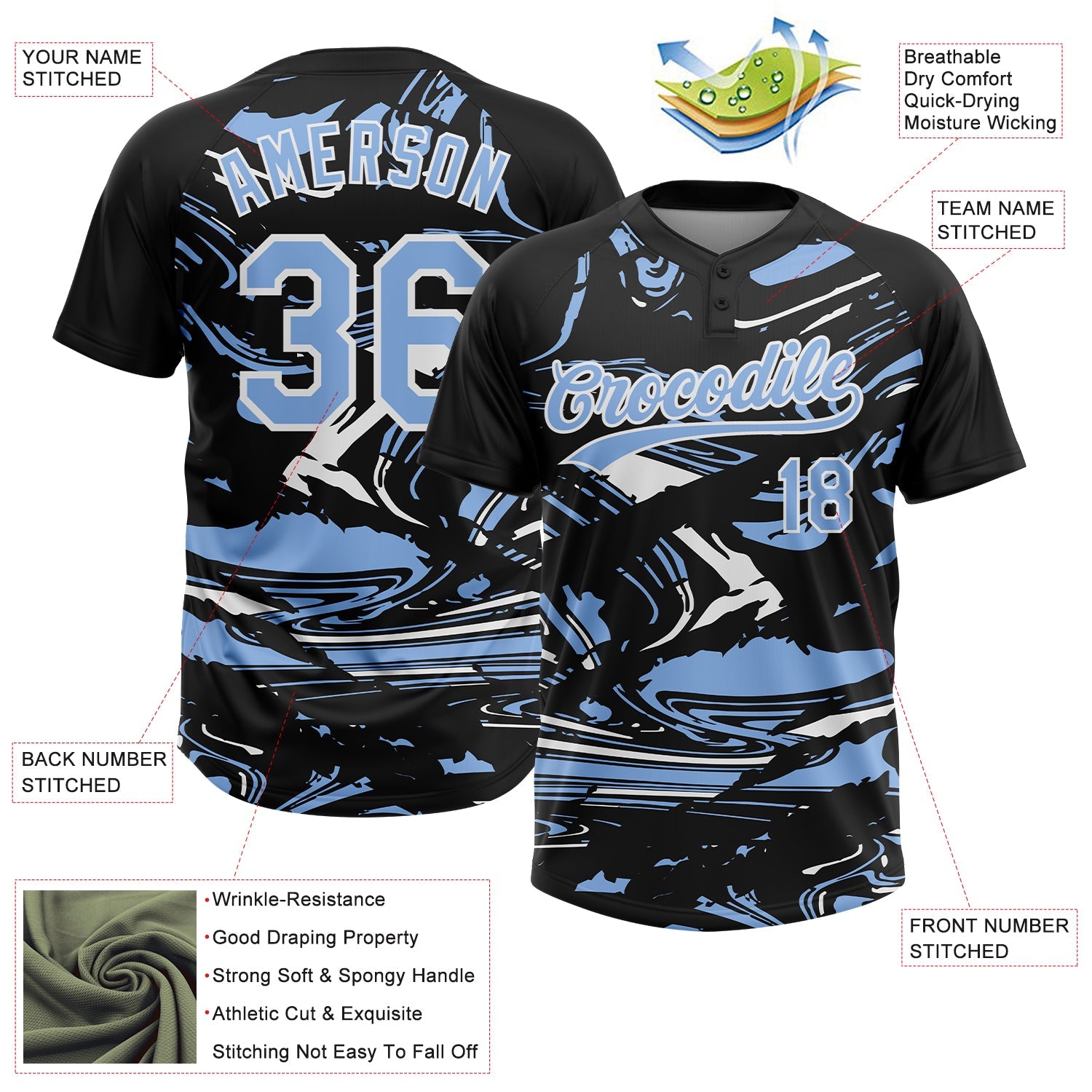 Custom Black Light Blue-White Raglan Sleeves Abstract Fluid Marble Two-Button Unisex Softball Jersey view 3