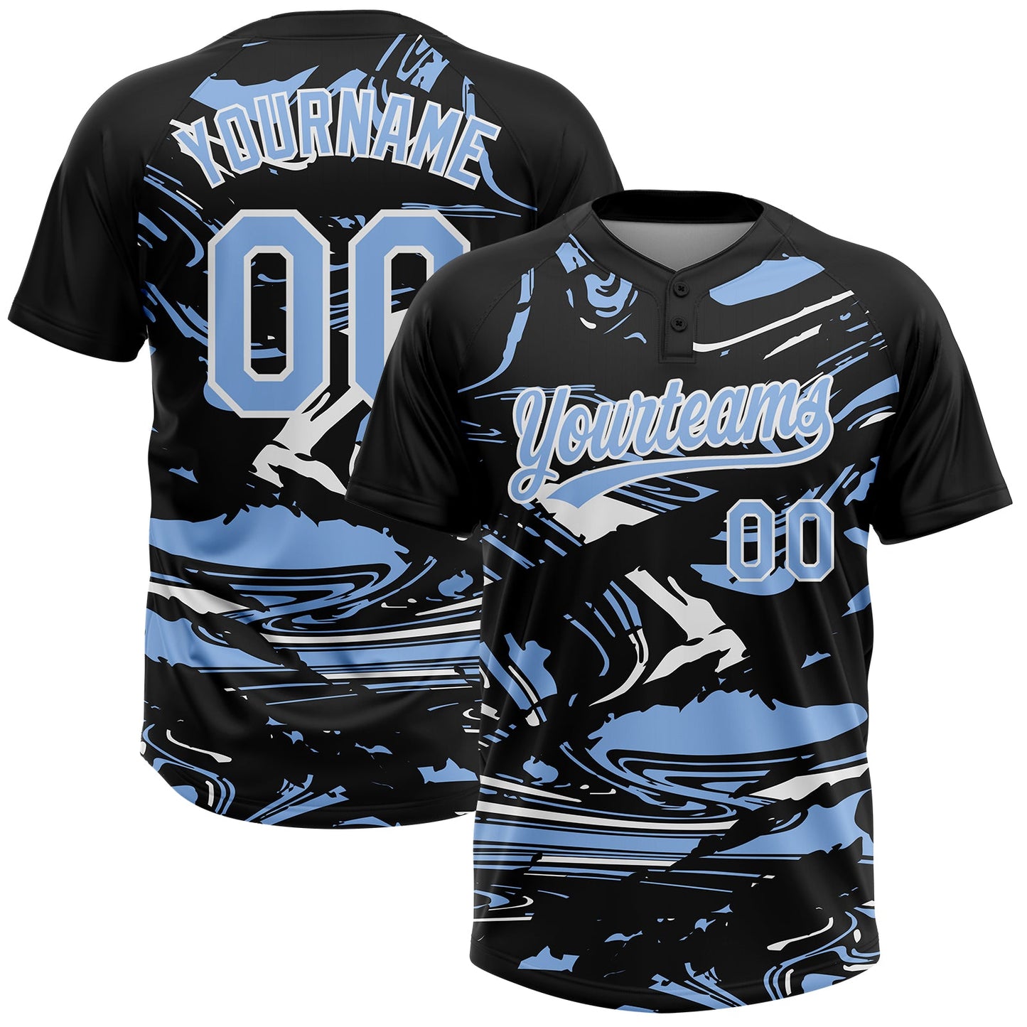 Custom Black Light Blue-White Raglan Sleeves Abstract Fluid Marble Two-Button Unisex Softball Jersey - Main View