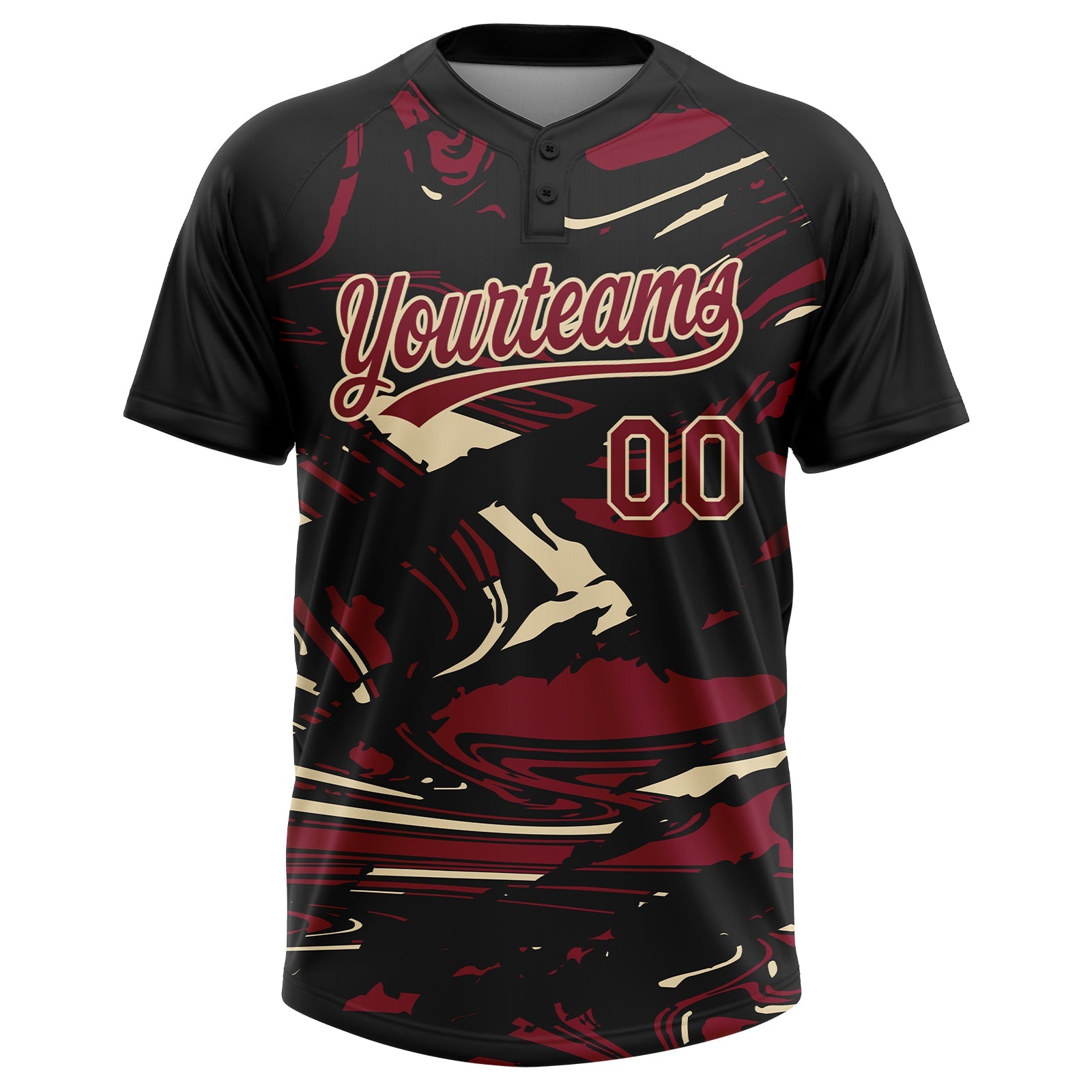 Custom Black Crimson Cream-Cream Raglan Sleeves Abstract Fluid Marble Two-Button Unisex Softball Jersey view 2