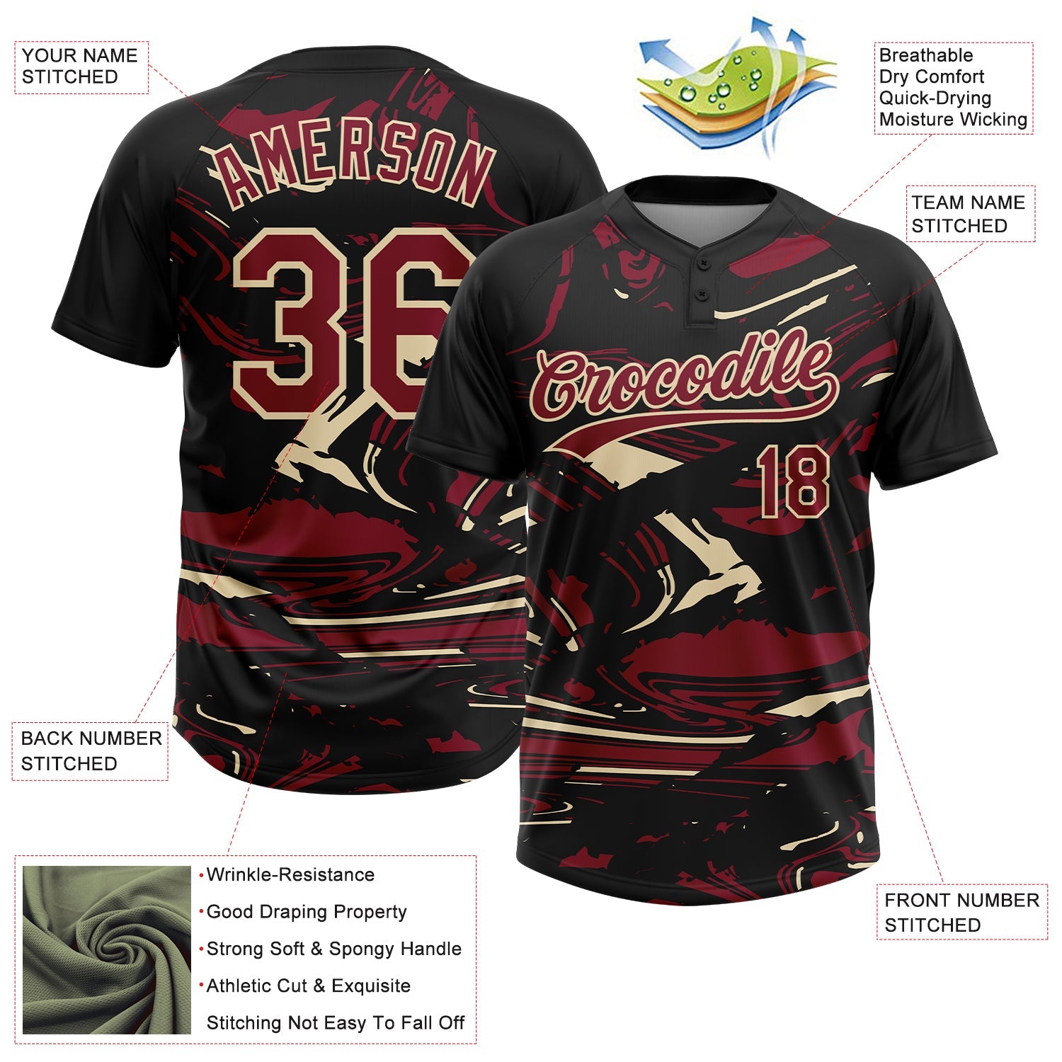 Custom Black Crimson Cream-Cream Raglan Sleeves Abstract Fluid Marble Two-Button Unisex Softball Jersey view 3