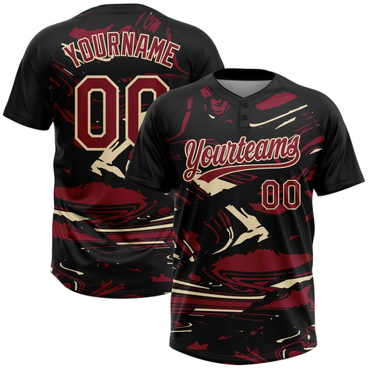 Custom Black Crimson Cream-Cream Raglan Sleeves Abstract Fluid Marble Two-Button Unisex Softball Jersey - Main View
