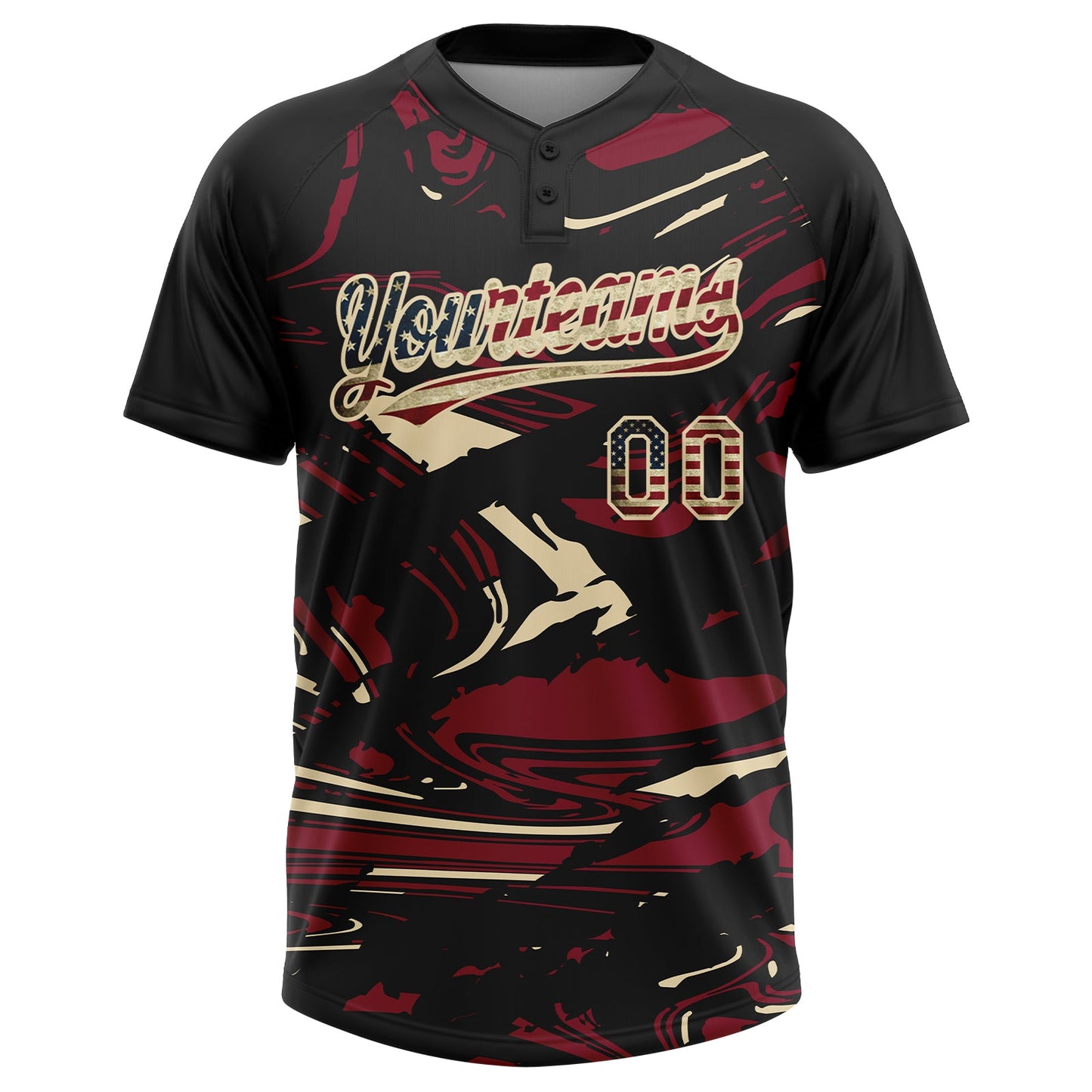 Custom Black Vintage USA Flag Crimson Cream-Cream Raglan Sleeves Abstract Fluid Marble Two-Button Unisex Softball Jersey view 2
